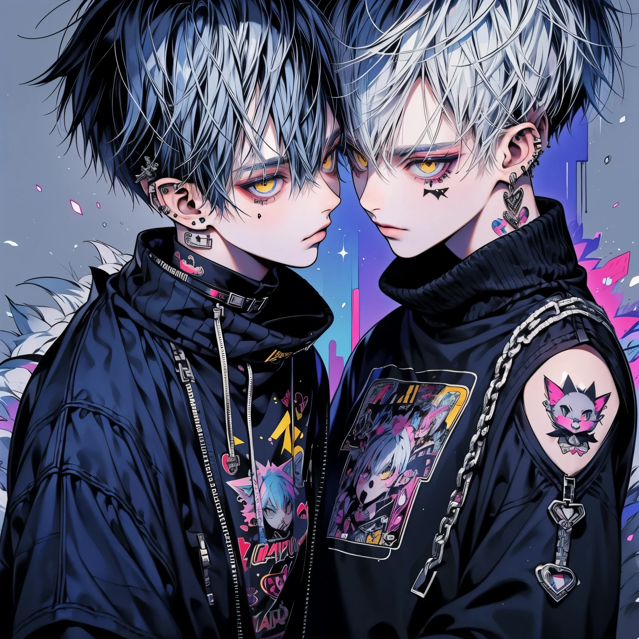 Punk rock emo man, Neko, wolf boy, platinum blue hair, tattoo sleeves and piercings, yellow eyes, slender, skinny, short, Harajuku-inspired punk clothes, no twins, one person