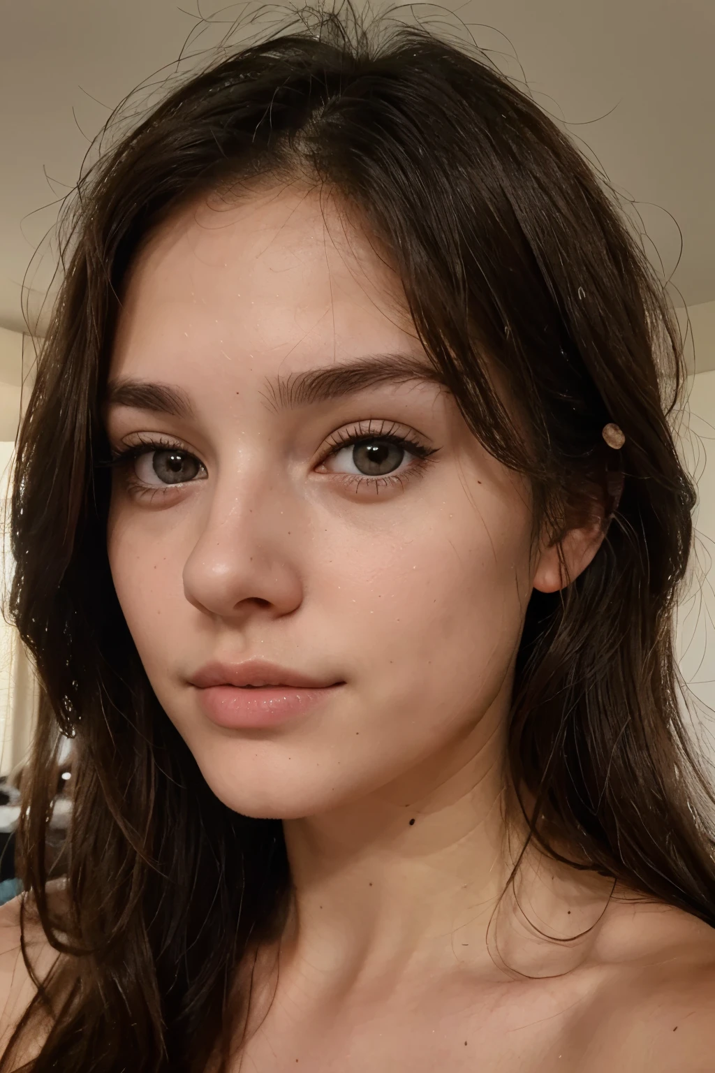 Photo of a 20 year old brunette woman, that has a very natural face, thin lips, Thin eyes, thin eyebrows, thin nose, Ohrringe, lange Wimpern. She takes a cute selfie, close up, front view, naked