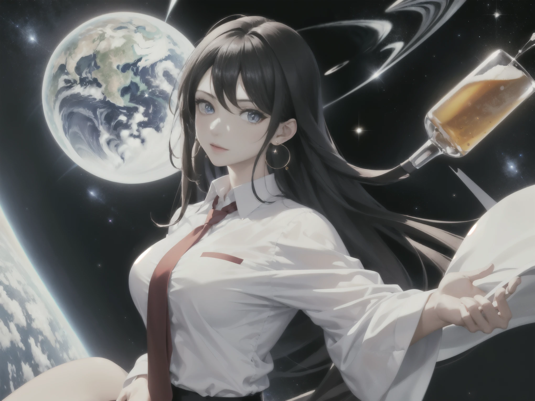 Masterpiece: 1.6, best quality: 1.4, live image: 1.2, intricate details: 1.2, charturnerv2: 1.2,
Appearance: (1girl character) milf: 1.25, thin: 1.3, light blue eyes, medium breasts, medium ass, detailed eyes, quality eyes,
Clothing: white shirt with rolled up sleeves, red tie, black dress pants holding a beer cup and surrounded by beer
Accessories: simple earrings,
Hair: black hair, long hair,
Makeup: natural, shiny skin,
(space background: 1.3)