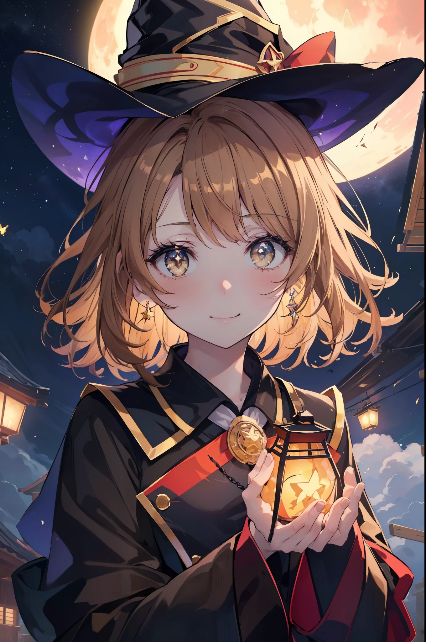 irohaisshiki, iroha isshiki, short hair, light brown hair, (brown eyes:1.5), smile,(colorful glowing lanterns),((A night sky filled with colorful cute creatures flying around)),((big full moon)),((Sparkling and colorful stars)),fluffy hair,,slightly red tide,((brown eyes)),((Idol style costume with soft volume)),witch風ロングスカート,先にが尖ったwitch靴,((gorgeous wizard hat)),((witch)),(magic wand with a jewel on the tip),Smile,Kamimei,
break outdoors, forest,forest林,
break looking at viewer,whole body,Upper body,
break (masterpiece:1.2), highest quality, High resolution, unity 8k wallpaper, (figure:0.8), (detailed and beautiful eyes:1.6), highly detailed face, perfect lighting, Very detailed CG, (perfect hands, perfect anatomy),