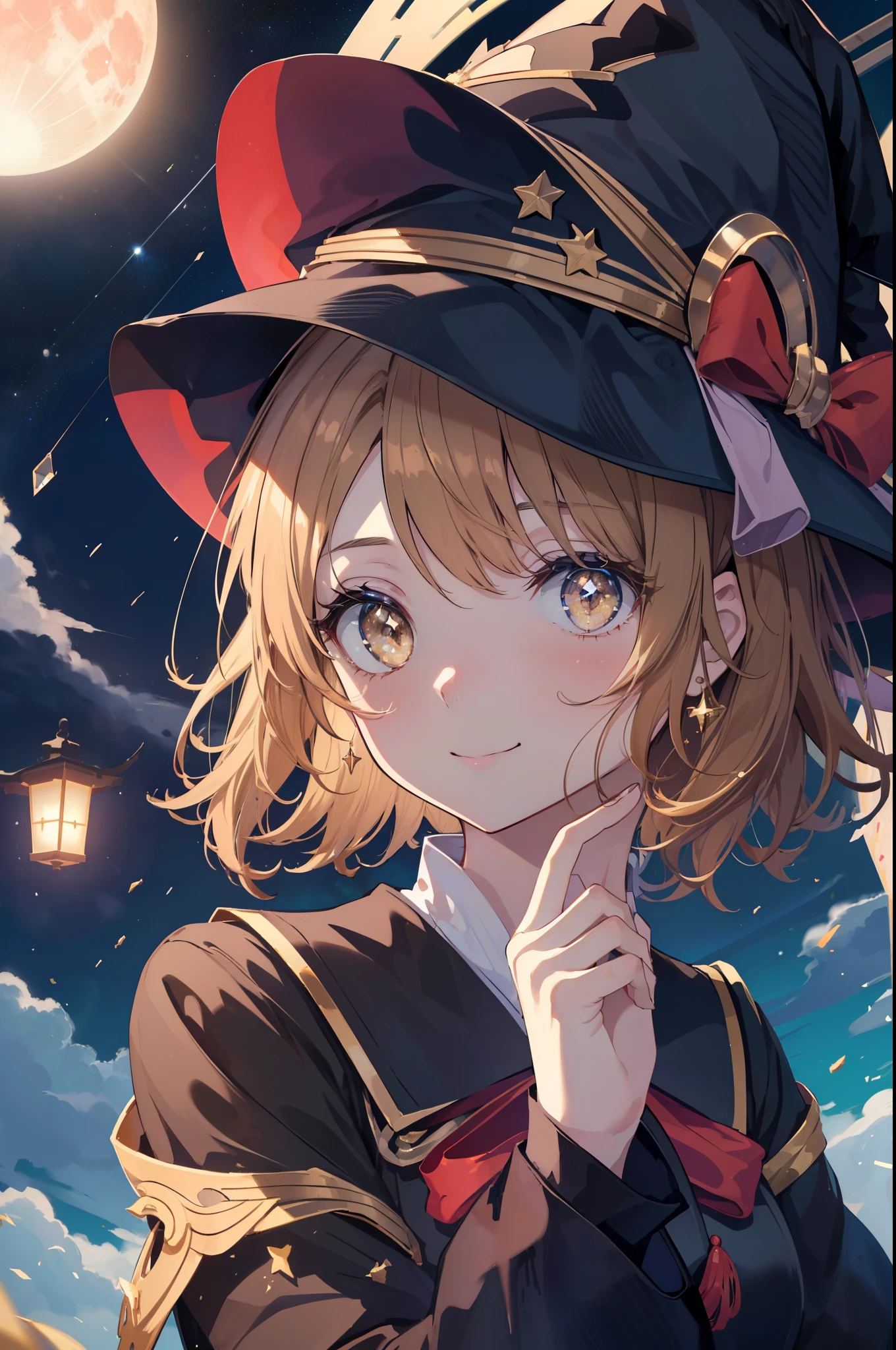 irohaisshiki, iroha isshiki, short hair, light brown hair, (brown eyes:1.5), smile,(colorful glowing lanterns),((A night sky filled with colorful cute creatures flying around)),((big full moon)),((Sparkling and colorful stars)),fluffy hair,,slightly red tide,((brown eyes)),((Idol style costume with soft volume)),witch風ロングスカート,先にが尖ったwitch靴,((gorgeous wizard hat)),((witch)),(magic wand with a jewel on the tip),Smile,Kamimei,
break outdoors, forest,forest林,
break looking at viewer,whole body,Upper body,
break (masterpiece:1.2), highest quality, High resolution, unity 8k wallpaper, (figure:0.8), (detailed and beautiful eyes:1.6), highly detailed face, perfect lighting, Very detailed CG, (perfect hands, perfect anatomy),