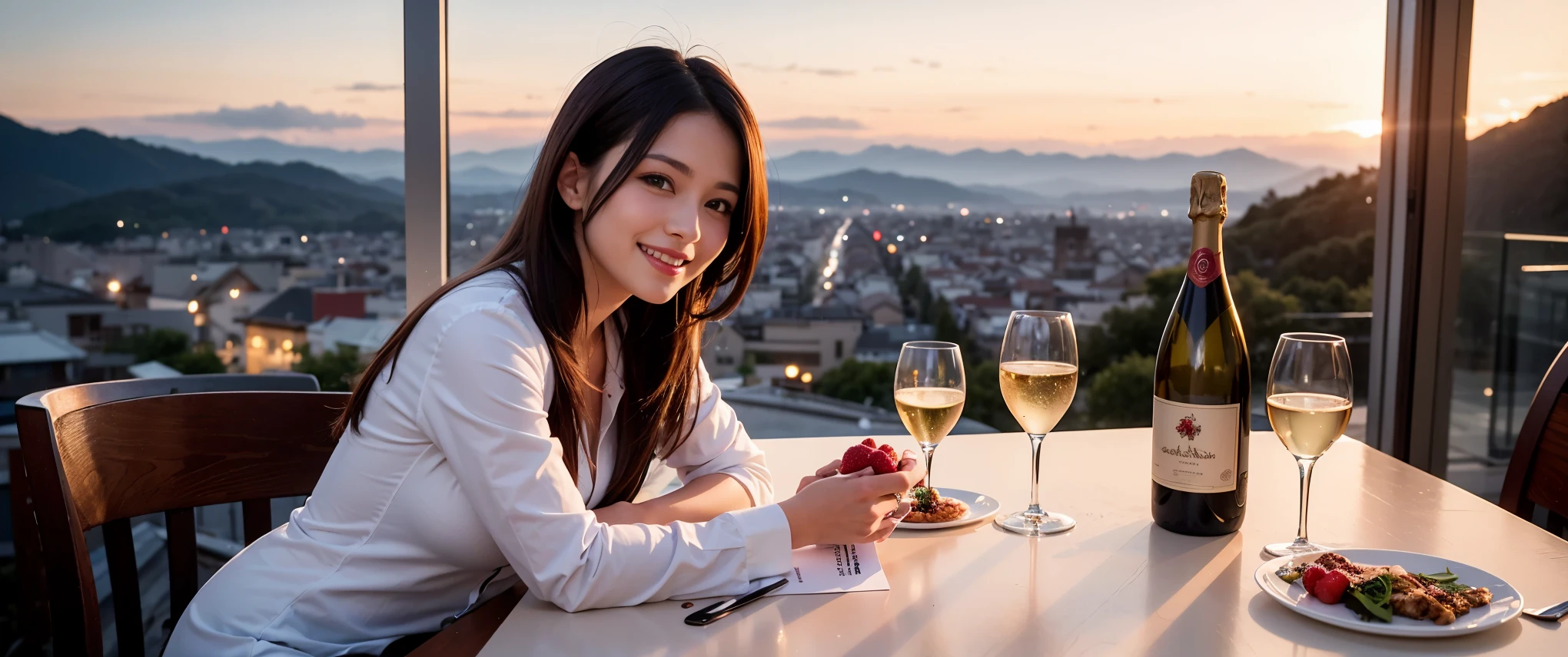 64k, Hmm, highest quality, masterpiece: 1.2), (realistic, photorealistic: 1.37), Spectacular view of the sunset sky and clouds、Amazing mountain views、3 slim beauties, (slim face),Happy、 the best smile、Fox face、Berry Short、(because I'thin), (brown hair), (shortcut), long sleeve shirt、winter fashion、Colombian、Brazilian、Japanese、Dutch、German、Portuguese、Belgian、Italian、French,Champagne、sparkling wine、 (squirt), (slim body), (brown hair), (shortcut), neat beauty、cheeks turn a little red, (35 years old), 38 years old, alone, A beautiful and detailed night view spreads out outside the window....., restaurant, wine glass is sitting, At night, in a prominent place (from the Upper body) nova frog style, actress, model, Upper body, White wine, slim, wine glass, Very beautiful night view, wine glass Put in the Middle, Happy smile, (smile: 1.15),