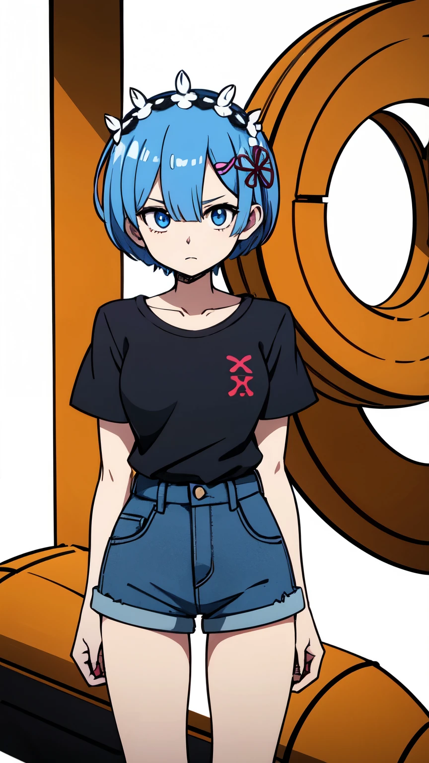 Rem from Re:zero, black short sleeve t-shirt and denim shorts, half body, standing straight, serious look, white background, resting position, expression would be, from the waist up