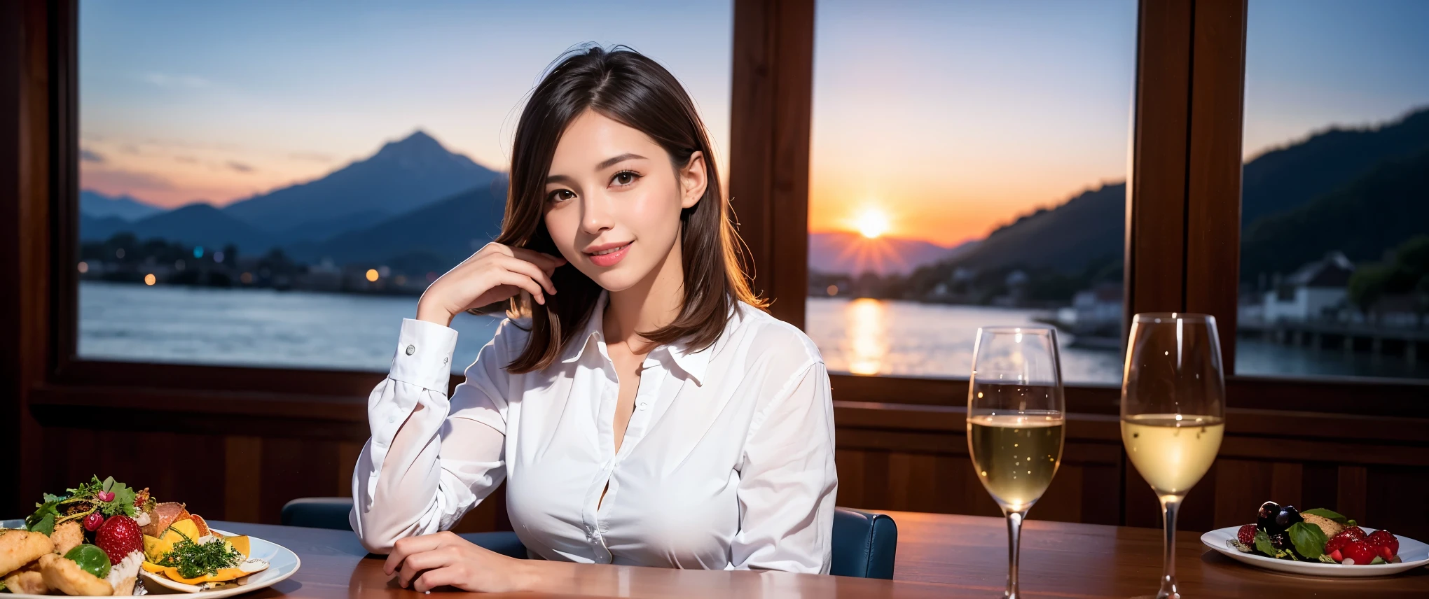64k, Hmm, highest quality, masterpiece: 1.2), (realistic, photorealistic: 1.37), Spectacular view of the sunset sky and clouds、Amazing mountain views、3 slim beauties, (slim face),Happy、 the best smile、Fox face、Berry Short、(because I'thin), (brown hair), (shortcut), long sleeve shirt、winter fashion、Colombian、Brazilian、Japanese、Dutch、German、Portuguese、Belgian、Italian、French,Champagne、sparkling wine、 (squirt), (slim body), (brown hair), (shortcut), neat beauty、cheeks turn a little red, (35 years old), 38 years old, alone, A beautiful and detailed night view spreads out outside the window....., restaurant, wine glass is sitting, At night, in a prominent place (from the Upper body) nova frog style, actress, model, Upper body, White wine, slim, wine glass, Very beautiful night view, wine glass Put in the Middle, Happy smile, (smile: 1.15),