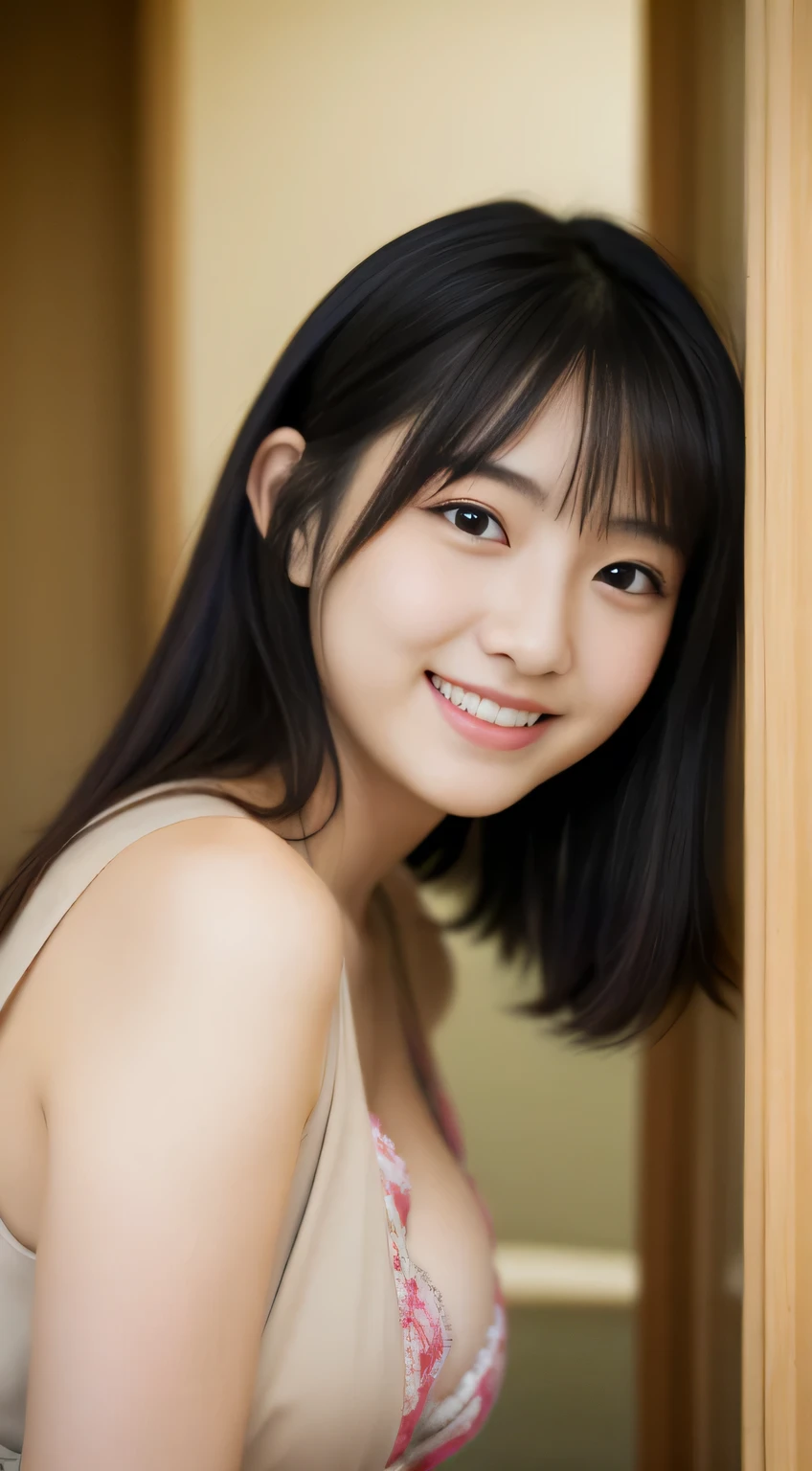 masterpiece,best quality,(Japanese ),((Beautiful girl)),cleavage,indoor,(perfect body beauty:1.2),(shy smile),beautiful teeth,