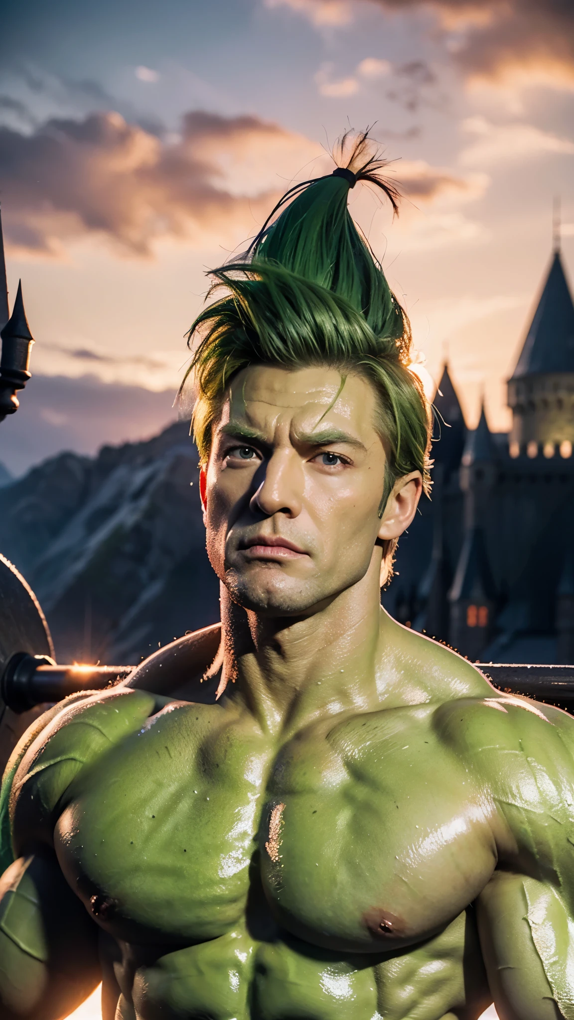 Muscular Donald Trump, green skin Donald Trump, painted in center, crowd in background, high quality, muscular body, upper body wearing nothing, Hogwarts in background, painted in center, crowd in background, high quality, high definition, sunset sky, speech, shouting, looking up with both hands, high quality, gloss, red eyes,