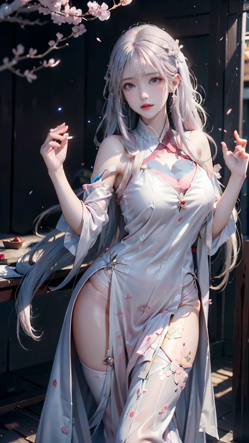 ((logo, masterpiece, 8k, table top, RAW photo, wonderful, 最high quality, Photorealistic and hvery detailed CG integrated 8k wallpaper, high quality, very detailed, Narrative poem, particle effects, dynamic effects, Depth of written boundary, cinematic light, Lens flare, ray tracing, anatomically accurate)), fantasy, 1 beautiful woman, ((light pink hair)), clear eyes, long hair, beautiful face, real face, 緻密でbeautiful eyes, beautiful skin, ((dancing woman, 優雅にdancing woman, 雪景色の中でdancing woman, 激しくdancing woman)), ((long hairがWindでなびく, long hairが跳ねる, long hairがWindで踊る)), hair jump, jewelry, beautiful eyes, white kimono, white obi, 白いcherry blossomsの刺繍模様, silver earrings, Light is shining, ((cherry blossoms, cherry blossomsの木, cherry blossomsの花びらが舞う, cherry blossoms吹雪, falling petals)), blue sky and white clouds background, 広大なWind景, Wind, grassland, Vast land in mythology, Spectacular view, 美しい自然のWindのWind景, hair color is light pink, cherry blossomsの花びらが舞う, cherry blossomsの木