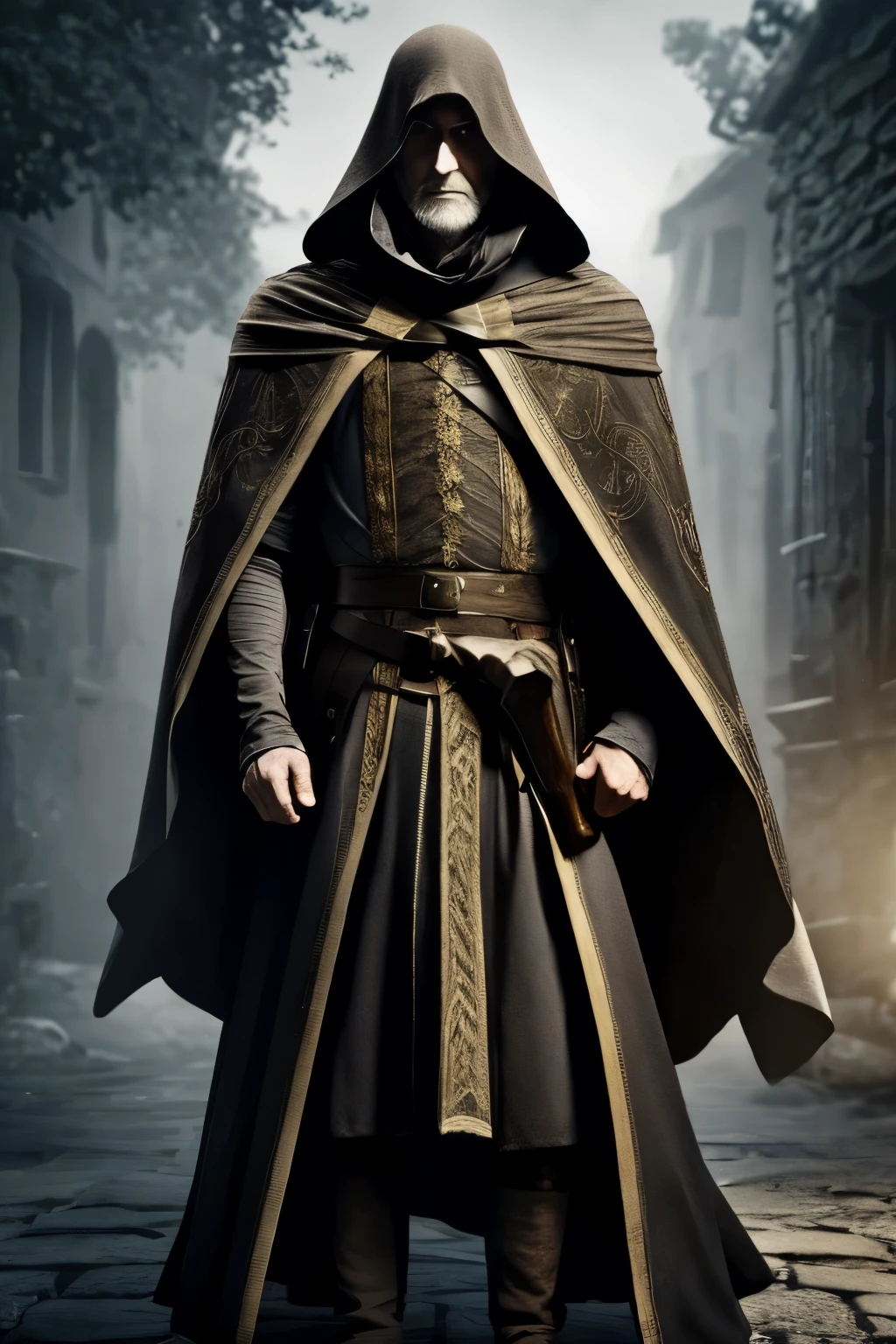 (1 man) Medieval RPG old assassin, Wearing a cape, expresionless face, 1 eye is white, holding a bag of gold, face shows, black tones on the cape. No Weapons