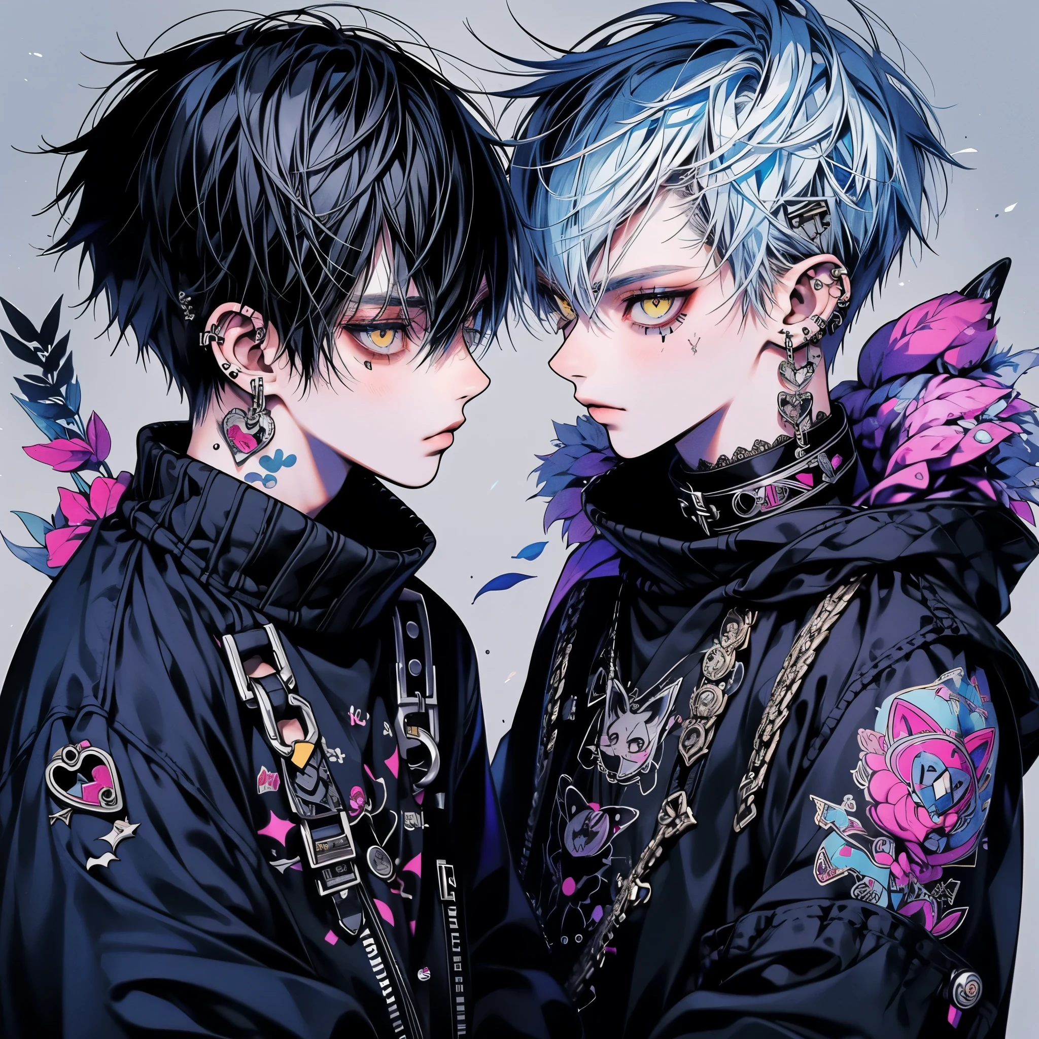 Punk rock emo man, Neko, wolf boy, platinum blue hair, tattoo sleeves and piercings, yellow eyes, slender, skinny, short, Harajuku-inspired punk clothes, no twins, one person