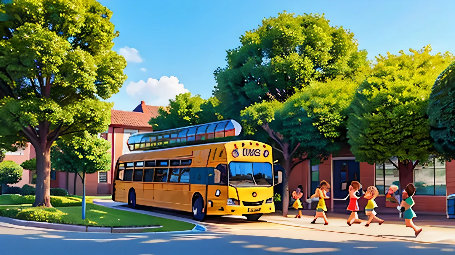 generate an image,Depicts Kiki and her classmates happily boarding a yellow school bus in a vibrant school courtyard,There are clear blue sky and green trees in the courtyard.