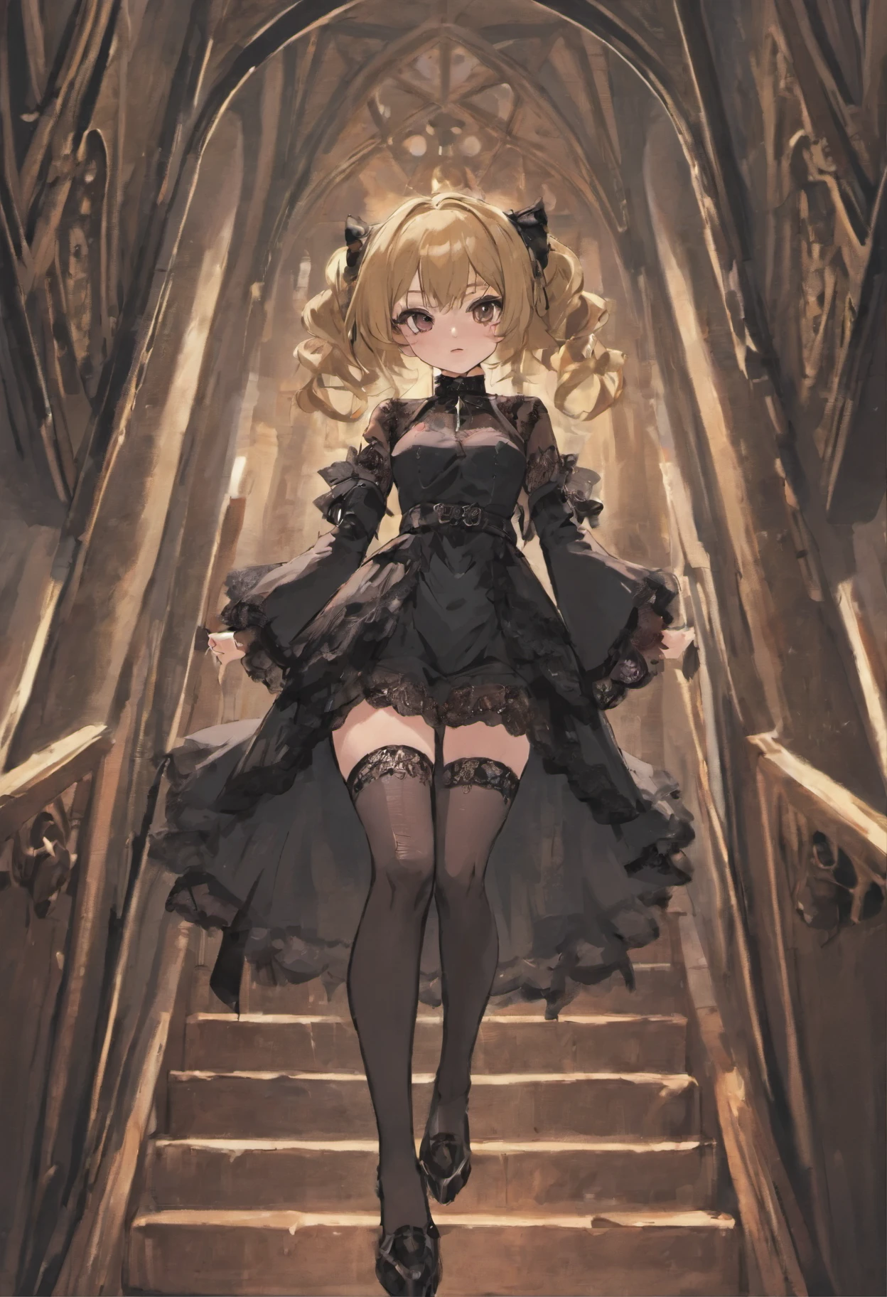 wear black lips stick and sharp eyeliner, usually wearing a black velvet high low dress gothic style with flare lace sleeves. Black lace thigh highs embrace her thighs with matched garter belts and a pair of black lace Demonia shoes.