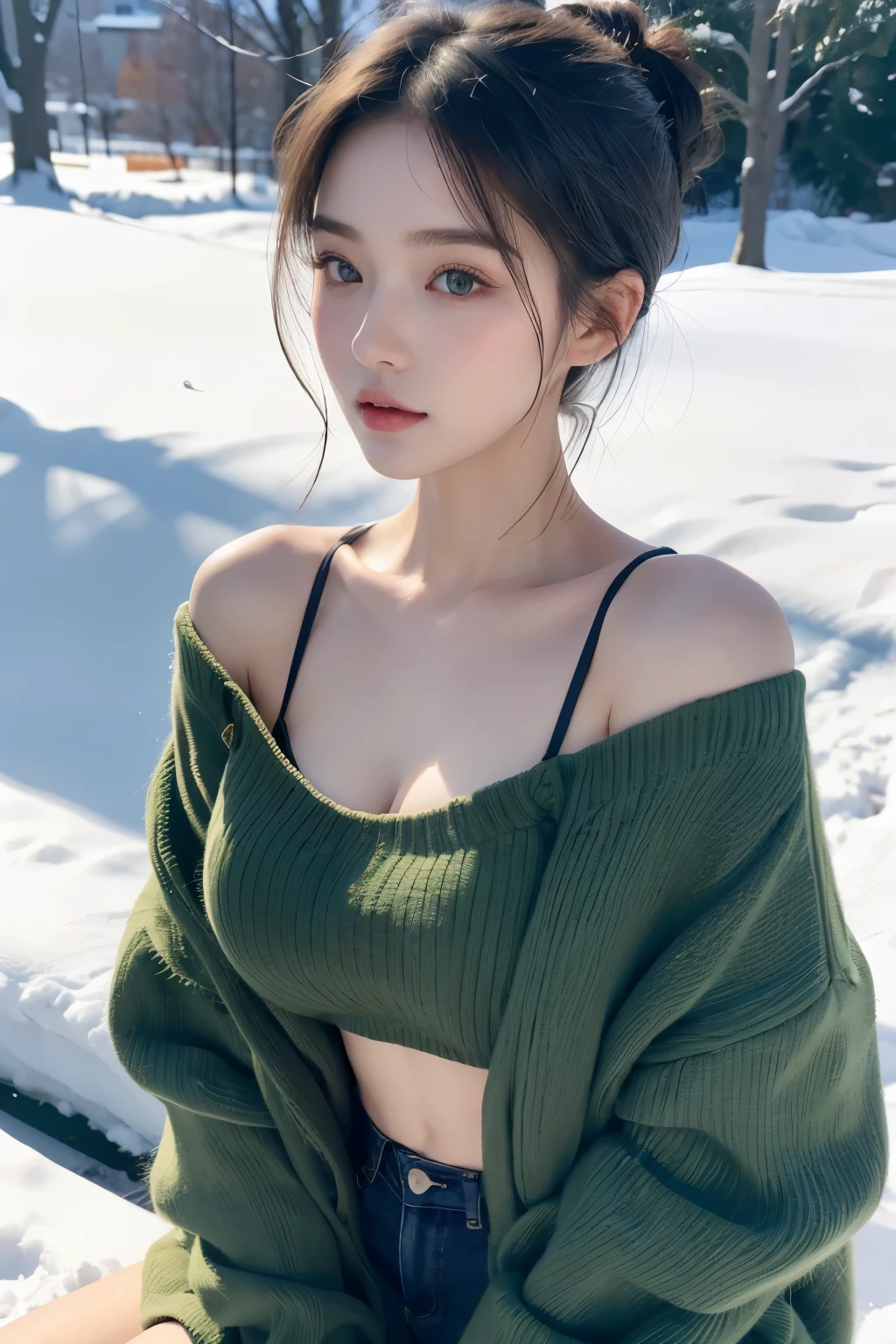 individual，young girl，23 years old, fine hair, Detailed faces, full的身材，Long hair tied up，full, Short hair details，Green winter clothing, model，snack, Sexy breasts