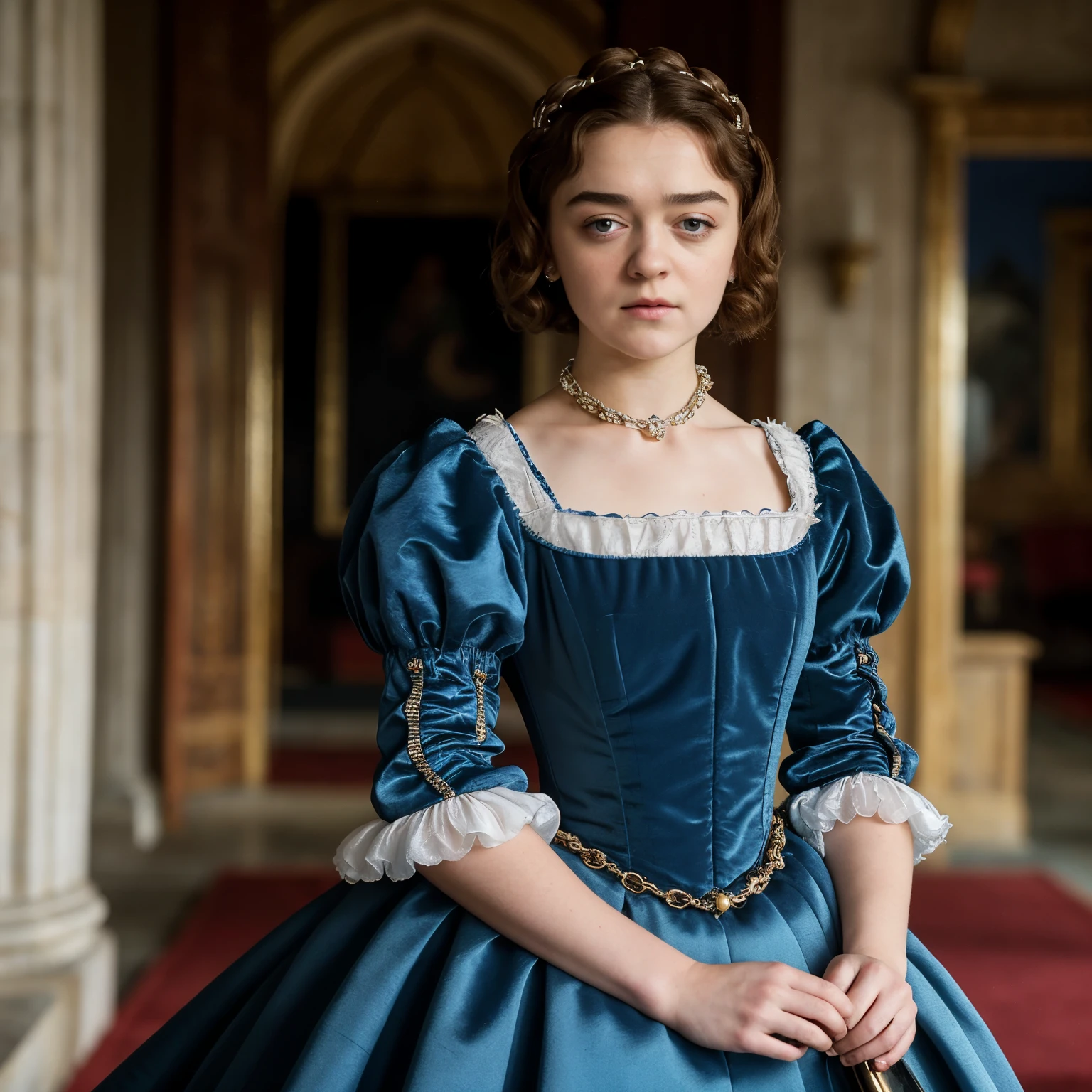 (best quality, 4k, 8k, high res, masterpiece:1.2), ultra-detailed, (photo-realistic:1.37), ((best quality)), ((masterpiece)), (detailed), ((pretty 25-year-old Maisie Williams as a refined lady from the Elizabethan era)), perfect eyes, ((beautiful high gloss shiny oiled skin)), ((Spectacular Royal Blue Elizabethan gown)), ((Elizabethan era hair and make-up)),