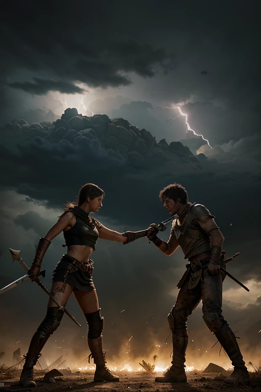 Generate a high-quality, realistic image depicting a 'Final Showdown' between two evenly matched opponents. The setting should be a desolate, post-apocalyptic wasteland with crumbling buildings and debris strewn about. The sky should be dark and ominous, with lightning illuminating the scene. Both opponents should be serious and determined, with sweat and dirt on their faces. One should be wielding a large, rusty sword, while the other has a powerful-looking bow with a quiver of arrows. The tension between them should be palpable, as they prepare for a climactic and deciding battle.