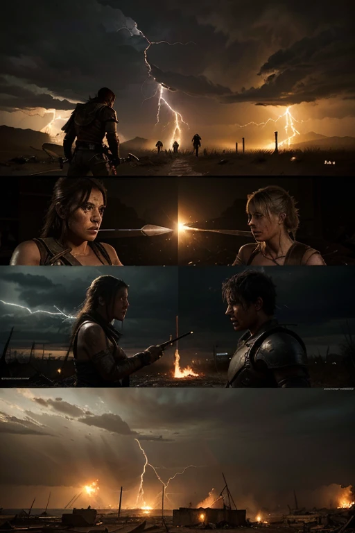 Generate a high-quality, realistic image depicting a 'Final Showdown' between two evenly matched opponents. The setting should be a desolate, post-apocalyptic wasteland with crumbling buildings and debris strewn about. The sky should be dark and ominous, with lightning illuminating the scene. Both opponents should be serious and determined, with sweat and dirt on their faces. One should be wielding a large, rusty sword, while the other has a powerful-looking bow with a quiver of arrows. The tension between them should be palpable, as they prepare for a climactic and deciding battle.