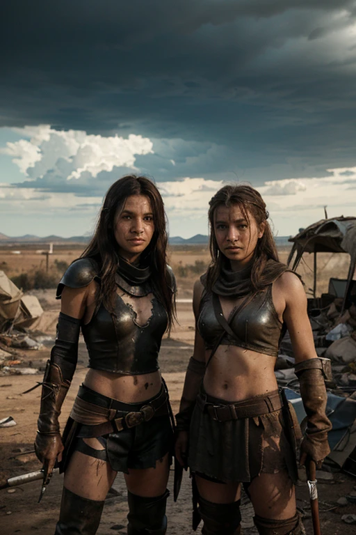 Generate a high-quality, realistic image depicting a 'Final Showdown' between two evenly matched opponents. The setting should be a desolate, post-apocalyptic wasteland with crumbling buildings and debris strewn about. The sky should be dark and ominous, with lightning illuminating the scene. Both opponents should be serious and determined, with sweat and dirt on their faces. One should be wielding a large, rusty sword, while the other has a powerful-looking bow with a quiver of arrows. The tension between them should be palpable, as they prepare for a climactic and deciding battle.