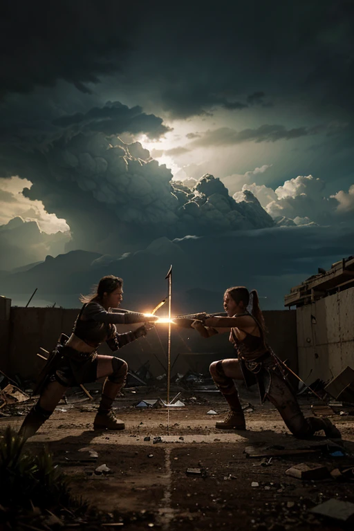 Generate a high-quality, realistic image depicting a 'Final Showdown' between two evenly matched opponents. The setting should be a desolate, post-apocalyptic wasteland with crumbling buildings and debris strewn about. The sky should be dark and ominous, with lightning illuminating the scene. Both opponents should be serious and determined, with sweat and dirt on their faces. One should be wielding a large, rusty sword, while the other has a powerful-looking bow with a quiver of arrows. The tension between them should be palpable, as they prepare for a climactic and deciding battle.