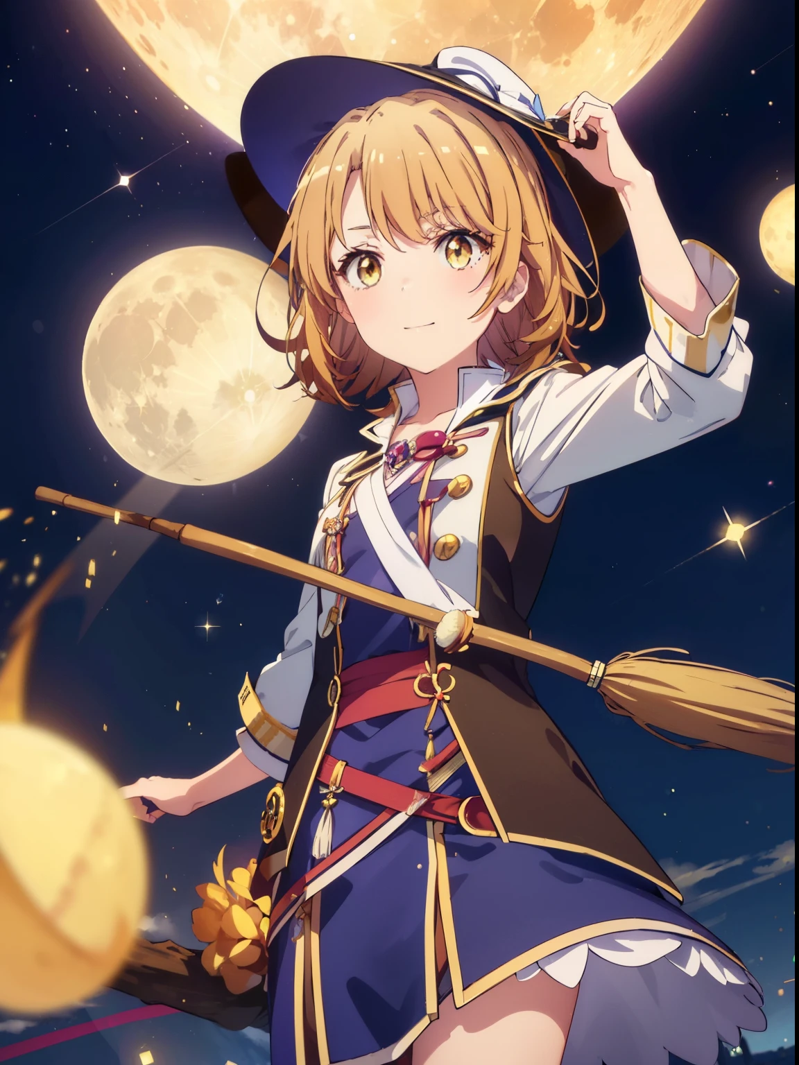 irohaisshiki, iroha isshiki, short hair, brown hair, (brown eyes:1.5), smile,(colorful glowing lantern),((A night sky filled with colorful cute creatures flying around)),((big full moon)),((Sparkling and colorful stars)),fluffy hair,,slightly red tide,((brown eyes)),((Idol style costume with soft volume)),((gorgeous wizard hat)),((witch)),(magic wand with a jewel on the tip),smile,Kamimei,((側面shape)),((Fly through the sky on a magic broom)),
break indoors, classroom,
break looking at viewer,
break (masterpiece:1.2), highest quality, High resolution, unity 8k wallpaper, (shape:0.8), (fine and beautiful eyes:1.6), highly detailed face, perfect lighting, Very detailed CG, (perfect hands, perfect anatomy),