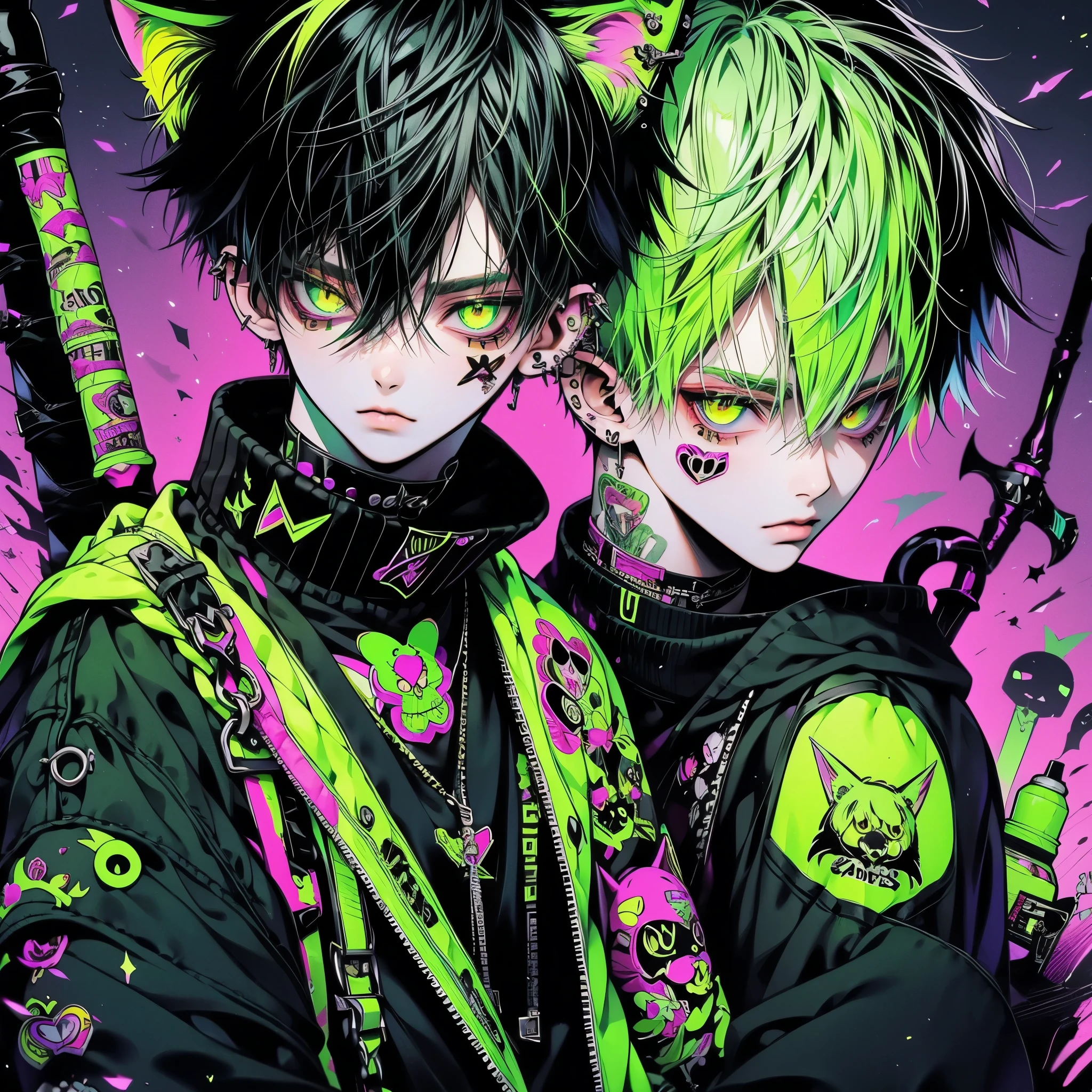 Punk rock emo man, Neko, wolf boy, neon green hair, tattoo sleeves and piercings, yellow eyes, slender, skinny, short, Harajuku-inspired punk clothes, no twins, one person