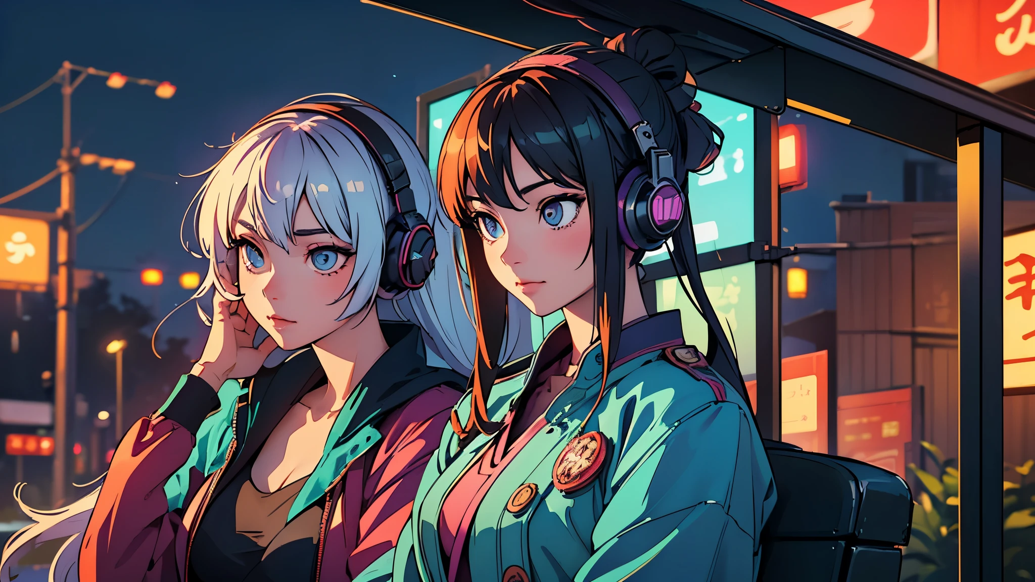 (highest quality,Edo period town、be familiar with,perfect face,beautiful woman listening to music,sitting at the bus stop,cyberpunk look、unusual hair color,soft lighting,Bright colors,sparkling ornaments,night,peaceful atmosphere,Cozy background,expressive eyes,flowing hair,Headphones On,bright eyes,Likeable character、alone、big breasts