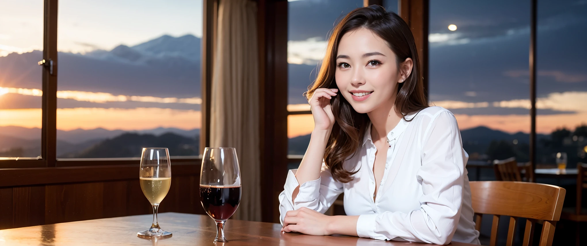 64k, Hmm, highest quality, masterpiece: 1.2), (realistic, photorealistic: 1.37), Spectacular view of the sunset sky and clouds、Amazing mountain views、3 slim beauties, (slim face),Happy、 the best smile、Fox face、Berry Short、(because I'thin), (brown hair), (shortcut), long sleeve shirt、winter fashion、Colombian、Brazilian、Japanese、Dutch、German、Portuguese、Belgian、Italian、French,Champagne、sparkling wine、 (squirt), (slim body), (brown hair), (shortcut), neat beauty、cheeks turn a little red, (41 years old), 38 years old, alone, A beautiful and detailed night view spreads out outside the window....., restaurant, wine glass is sitting, At night, in a prominent place (from the Upper body) nova frog style, actress, model, Upper body, White wine, slim, wine glass, Very beautiful night view, wine glass Put in the Middle, Happy smile, (smile: 1.15),