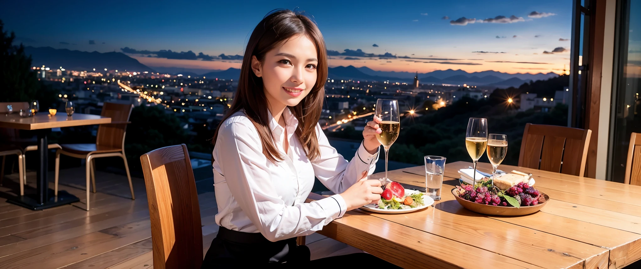 k, Hmm, highest quality, masterpiece: 1.2), (realistic, photorealistic: 1.37), Spectacular view of the sunset sky and clouds、Amazing mountain views、3 slim beauties, (slim face),Happy、 the best smile、Fox face、Berry Short、(because I'thin), (brown hair), (shortcut), long sleeve shirt、winter fashion、Colombian、Brazilian、Japanese、Dutch、German、Portuguese、Belgian、Italian、French,Champagne、sparkling wine、 (squirt), (slim body), (brown hair), (shortcut), neat beauty、cheeks turn a little red, (41 years old), 38 years old, alone, A beautiful and detailed night view spreads out outside the window....., restaurant, wine glass is sitting, At night, in a prominent place (from the Upper body) nova frog style, actress, model, Upper body, White wine, slim, wine glass, Very beautiful night view, wine glass Put in the Middle, Happy smile, (smile: 1.15),