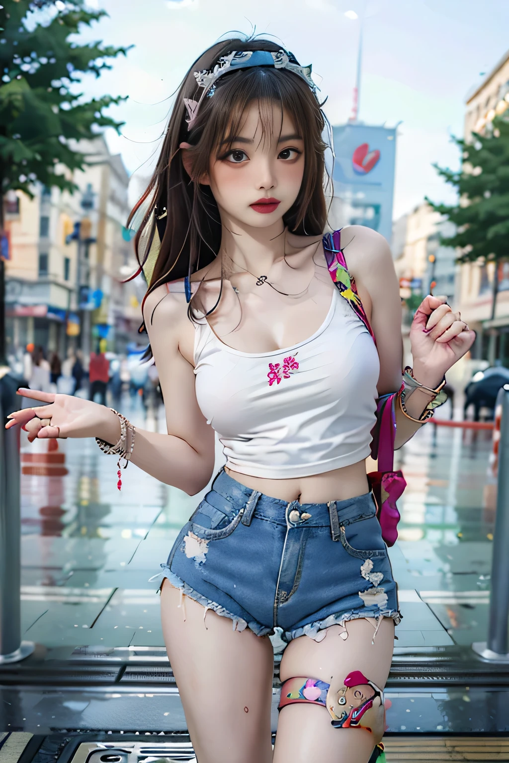 (8k, realistic, RAW photo, highest quality,written boundary depth: 1.4),realistic,Photoreal,very delicate and beautiful,very detailed,finely,Super detailed,High resolution:1.3,(1 girl),,((Accurate and detailed human body:1.3)),((Fashion Model:1.3)),((become familiar with, Super high quality eye reproduction:1.3)) (Realistic eye reproduction:1.3)(looking at the viewer),(white tank top, thin material), (cleavage,Girl posing for a photo in tight denim shorts)，Full body Esbian，because I&#39;thin，bust becomes smaller，slim girl model，24 year old female，tokyo street、(fine hands)、(cowboy shot)、