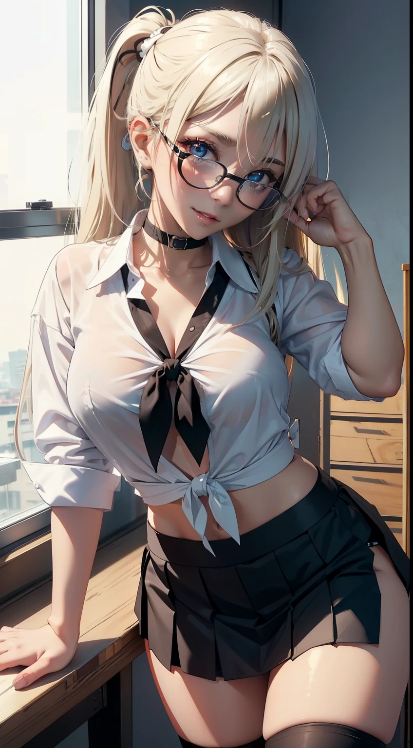 8k, highres, ultra detailed, (masterpiece:1.4), best quality, symmetrical body, a beautiful 18 year old gyaru, (gyaru:1.4), (white tied cropped shirt and short black skirt:1.4), cute, solo, long hair, White blonde hair, ponytail hairstyle, blue eyes, round glasses, glow effect, finely eye, detailed face, looking at viewer, smilling at viewer, leaning forward, dominant look, teasing, (seductive look:1.4), big breasts, sun, rim light, classroom (sexy pose:1.4)