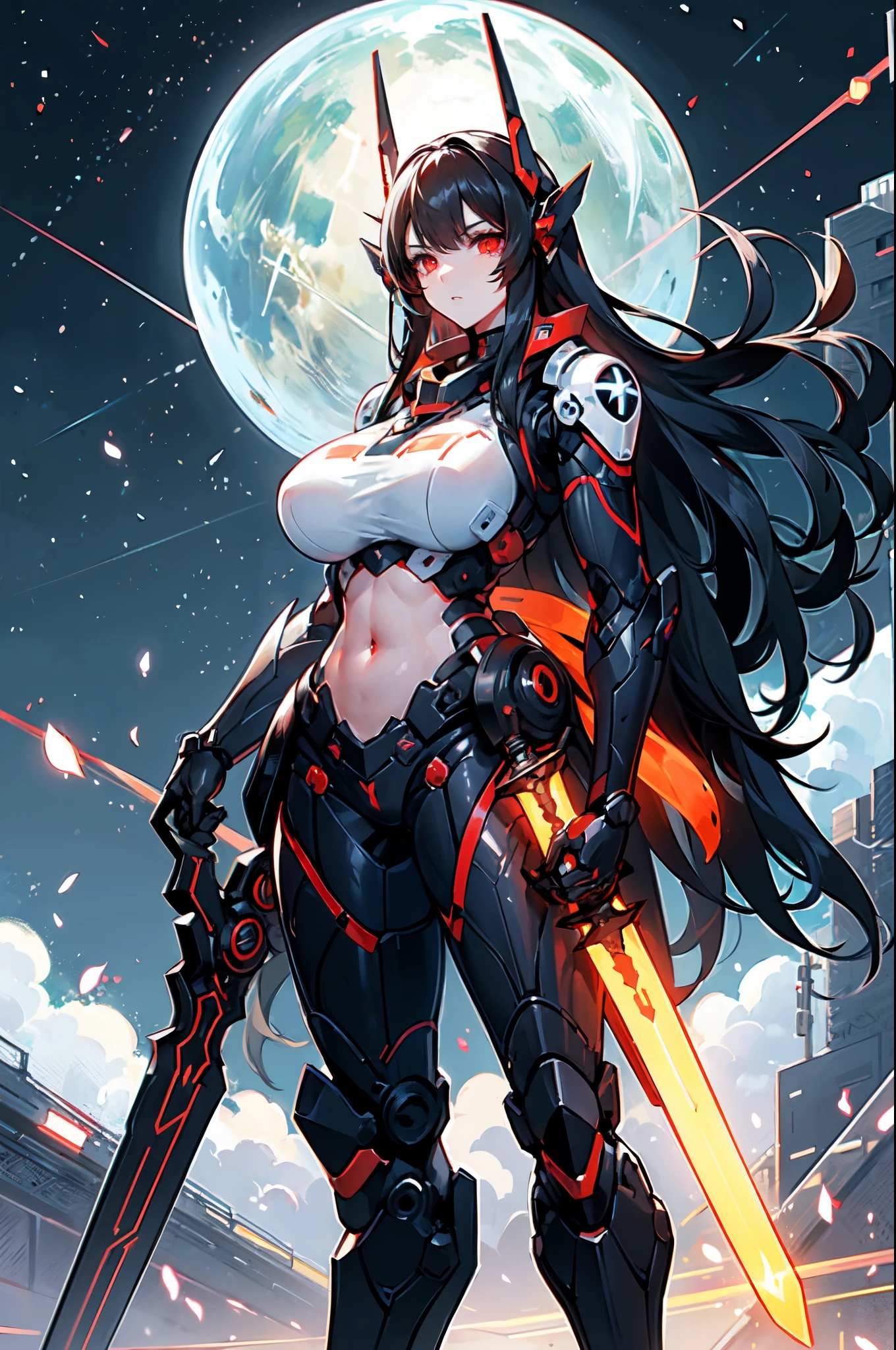 mecha_musume, 1girl, long_black_hair, science_fiction, weapon, sword, holding_sword, Red_eyes, solo, headgear, holding_weapon, mecha, standing_in_space, huge_ass, big_breast, showing_face, showing_stomach.
