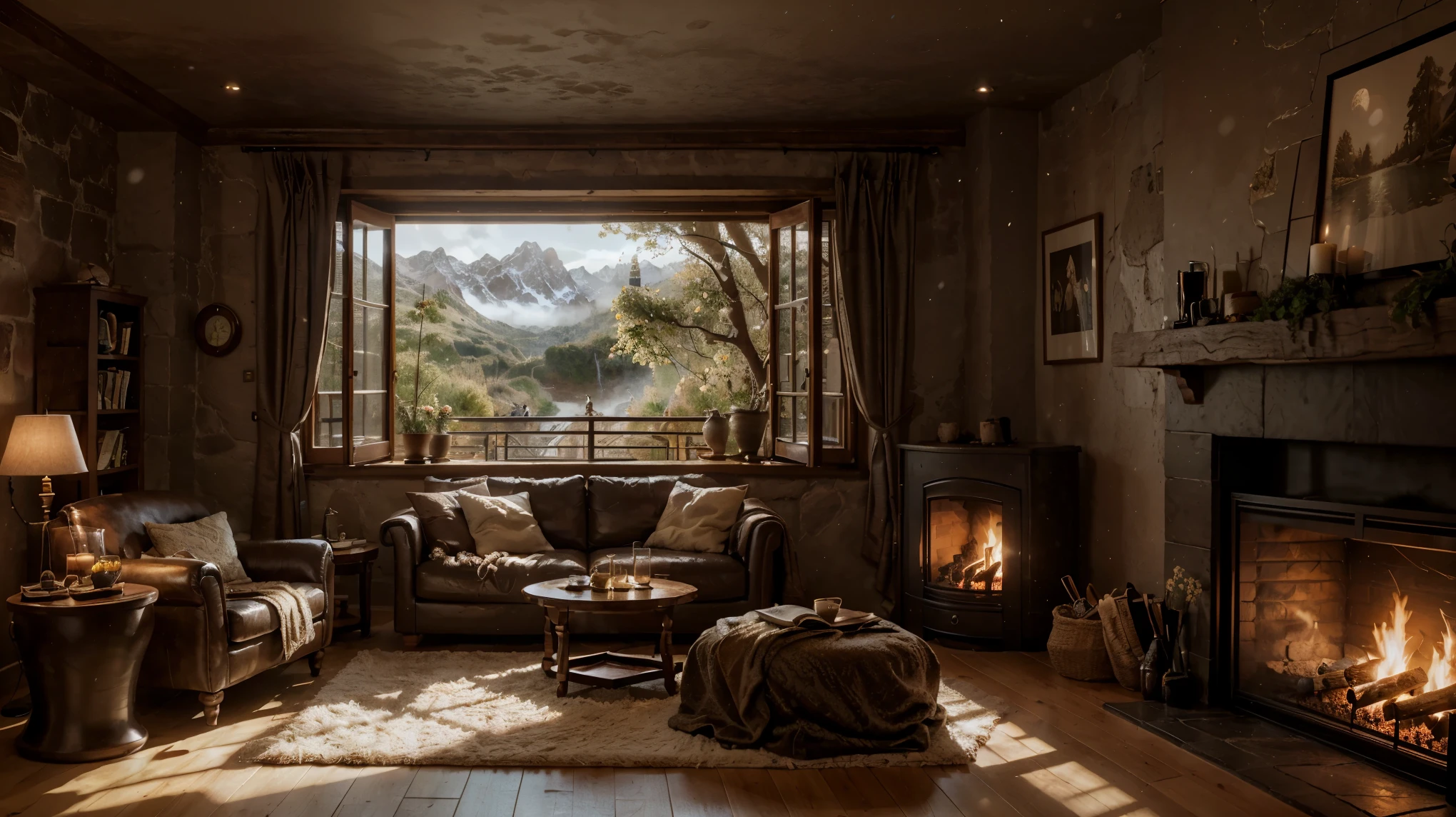 (balcony cave house) big window with a view of winter, waterfalls outside arafed room, fireplace, snow, a view of spring, waterfalls outside, cozy place, books place, warm beautiful scene, cozy atmospheric, cozy environment, cozy setting, cozy enchanted scene, very realistic, cozy atmosphere, cozy and peaceful atmosphere, cozy and calm, beautiful detailed scene, spring time, very very realistic, ✨🕌🌙, cozy wallpaper, unreal engine ; romantic theme