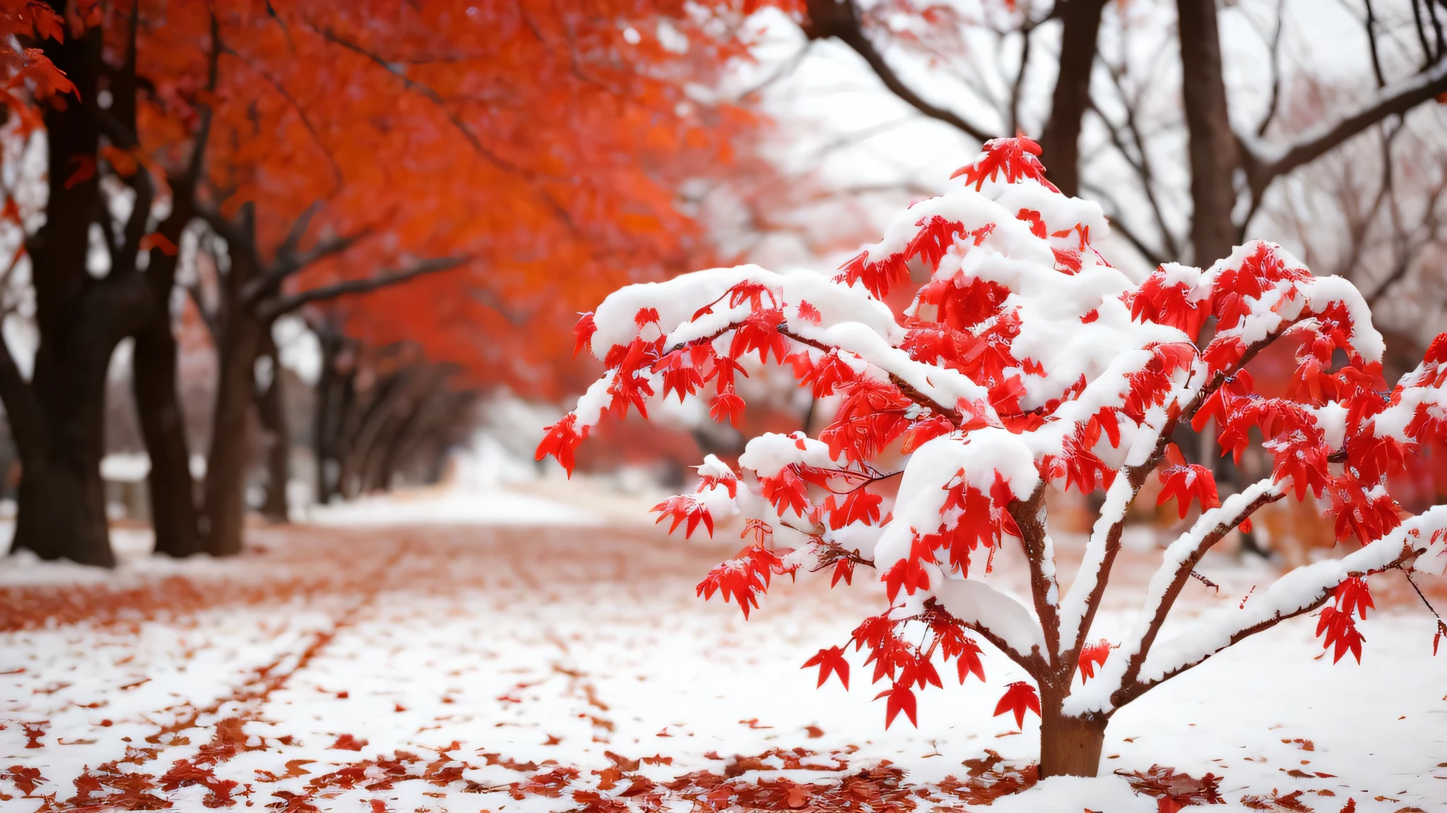 snowy scene of a tree with red leaves in the foreground, with snow covered colourful red, beautiful wallpaper, magical leafs falling, red and white colors, dusting of snow, autumn season, red leaves, maple tree, canadian maple leaves, red trees, red leaves on the ground, blood red leaves, very beautiful photo, gentle snow, red and white color theme