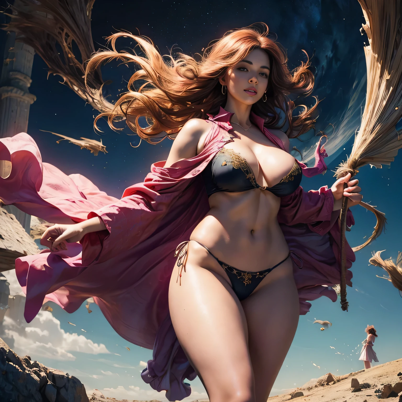 Beautiful digital artwork, fantasy gorgeous lighting, gorgeous digital art, stunning digital illustration, digital fantasy art, 3D rendering character art 8K, high resolution, detailed digital art, graceful fantasy, nsfw, 1girl, gentle smile, Cowboy shot, seven head length balanced figure, perfect growth, beautiful curves, sexy, pink hair, curly long hair, woman with shining light, beautiful face, detailed face, perfect Beautiful proportions, huge breasts, thin waist, navel, big butt, beautiful swollen buttocks, gap between the legs, thighs, long legs, yellow dress, robe with translucent cape, floating in space, (terrible wind: 1.7), (Hair and clothes are messy: 1.7), Skin is exposed, Sexy, Background is space, Darkness, Lots of stars, Background is blurred, Light from the front, Light on face,