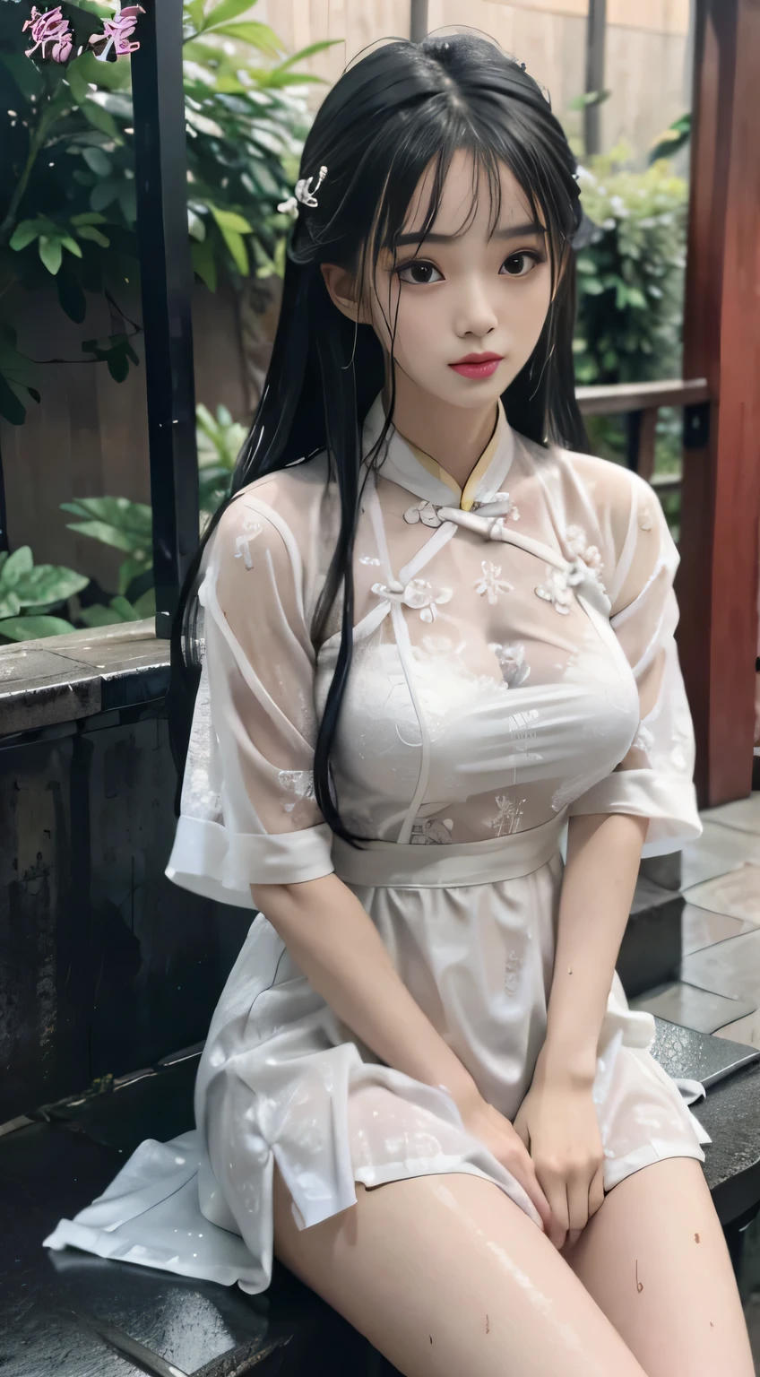 Master quality, highest quality, best picture quality hd 8k, exaggerated details, a godeess 8 year old dress moxin  with a shy expression, slightly squinted eyes, adjusting her hair, long eyelashes (long hair / very, very exaggerated big breasts _ tits / in hanfu chinese thin silk qipao very wet body, thin cloth embossed pattern, short skirt), posing sit in front of the camera, wet throught rain, very wet body, thin cloth embossed pattern), posing sit in front of the camera, wet throught rain, wet silk lace under wear throught skin,  thin cloth embossed pattern detaild lace