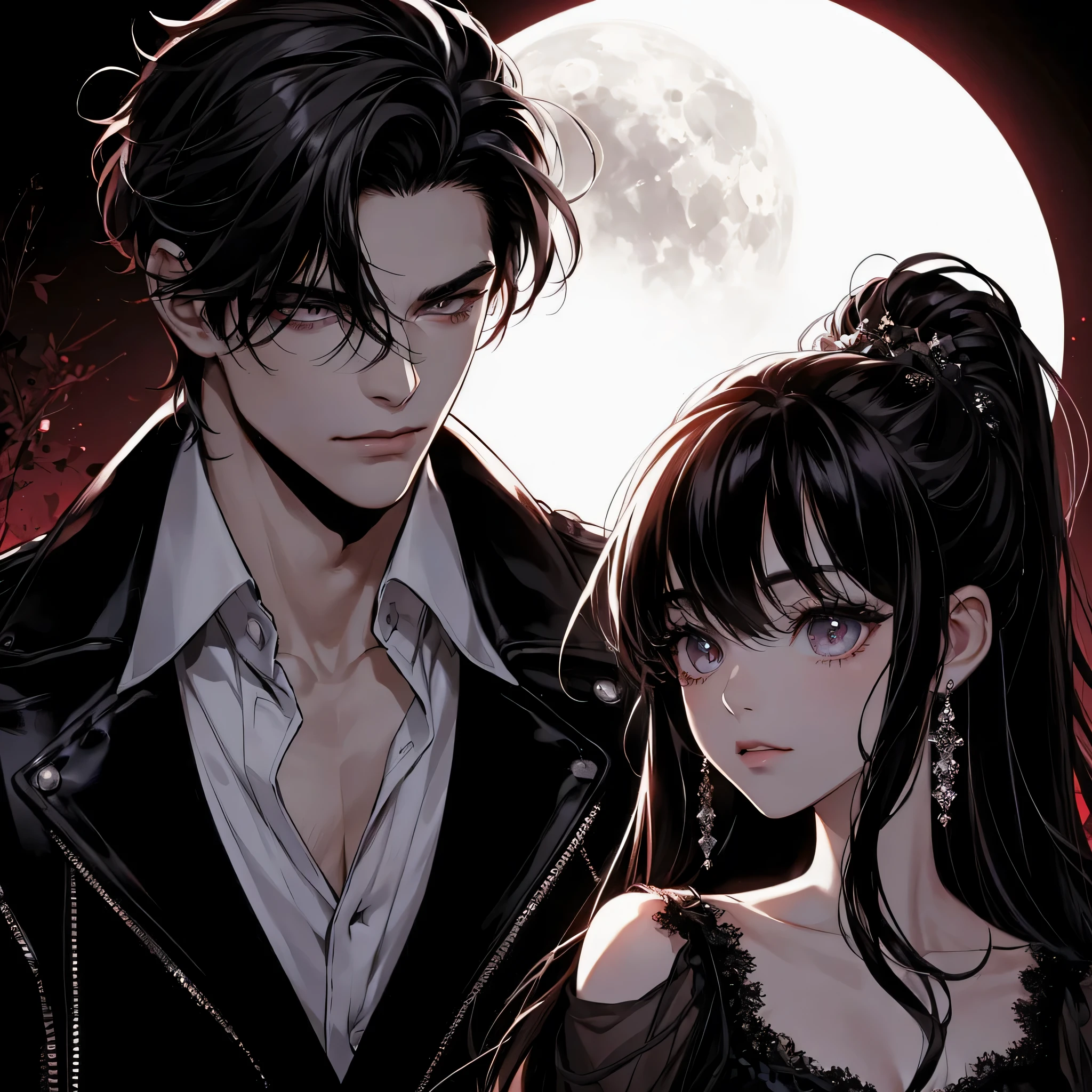 a dark style picture of dark anime. a handsome chiseled boy with thick black geled hair and cold dark eyes wearing a black leather jacket and white shirt looking down at a beautiful Asian dark haired girl with long eyelashes, wearing a black gown. moon glowing at them, red light defining their linings. they are both looking at each other. the girl looks nervous, the guy is confident.
