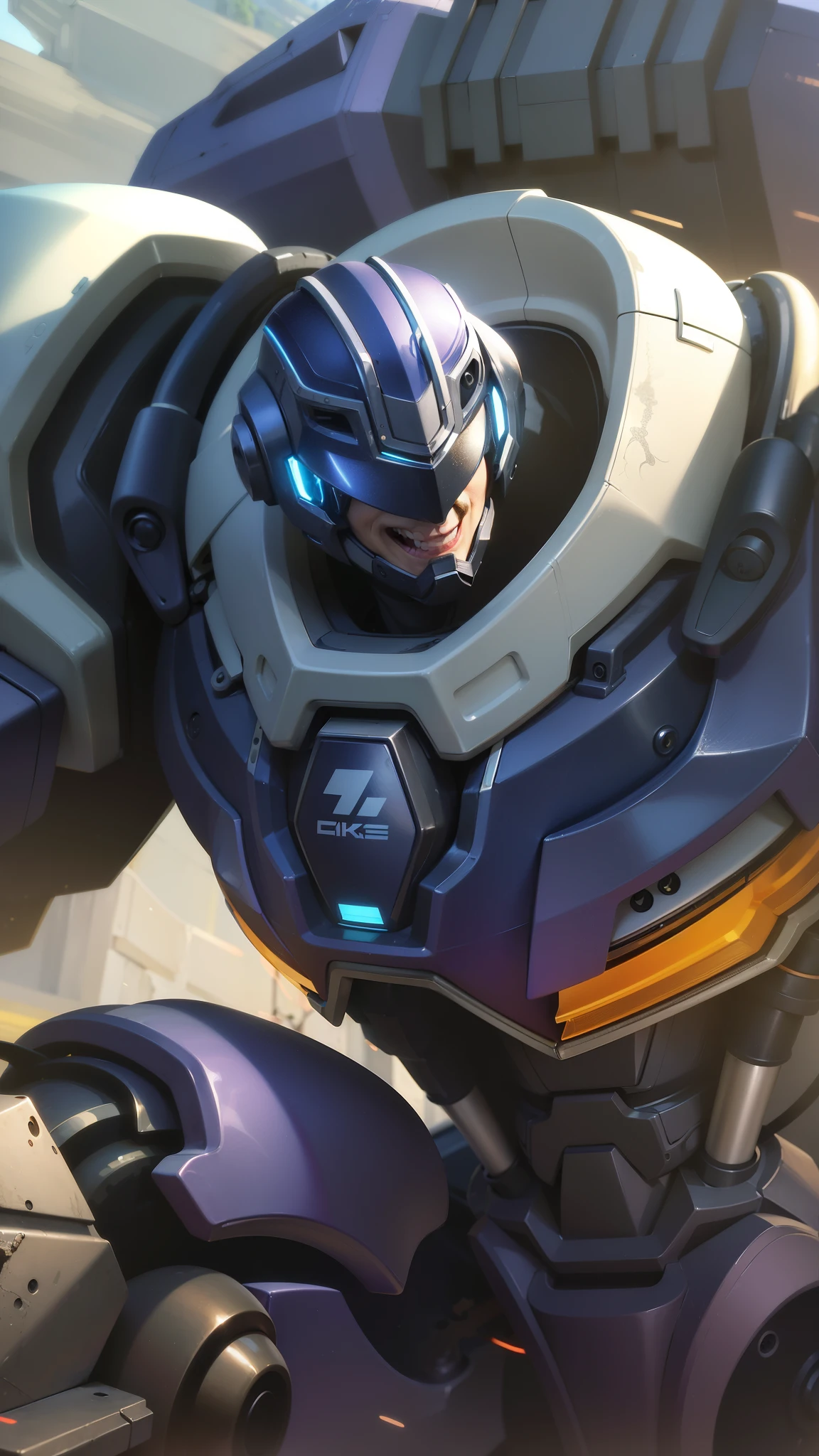 masculine male, masterpiece, best quality, (semirealism:1.9), beautiful lighting, (extremely detailed CG unity 4k fhd wallpaper), High Detail, Sharp focus, dramatic outdoors, a close up of a robot with a helmet on and a sword, smile.