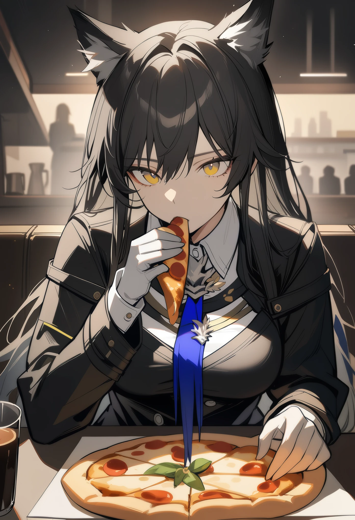 1girl, texas\(willpower)\(arknights), arknights, upper body, black hair, ponytail, yellow eyes, expressionless, red shirt, chest harness, necktie, looking at viewer, cinematic angle, night city, masterpiece, best quality
