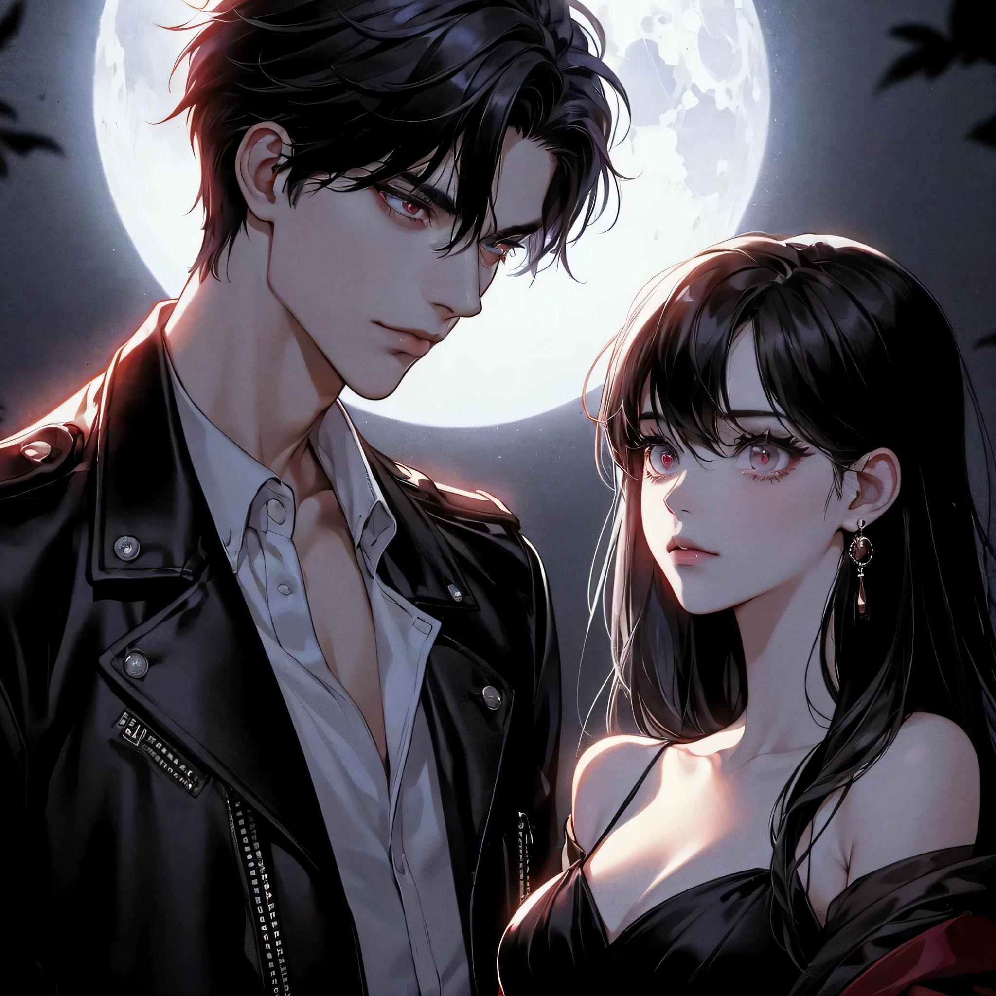 a dark style picture of dark anime. a handsome chiseled boy with thick black geled hair and cold dark eyes wearing a black leather jacket and white shirt looking down at a beautiful Asian dark haired girl with long eyelashes, wearing a black gown. moon glowing at them, red light defining their linings. they are both looking at each other. the girl looks nervous, the guy is confident.