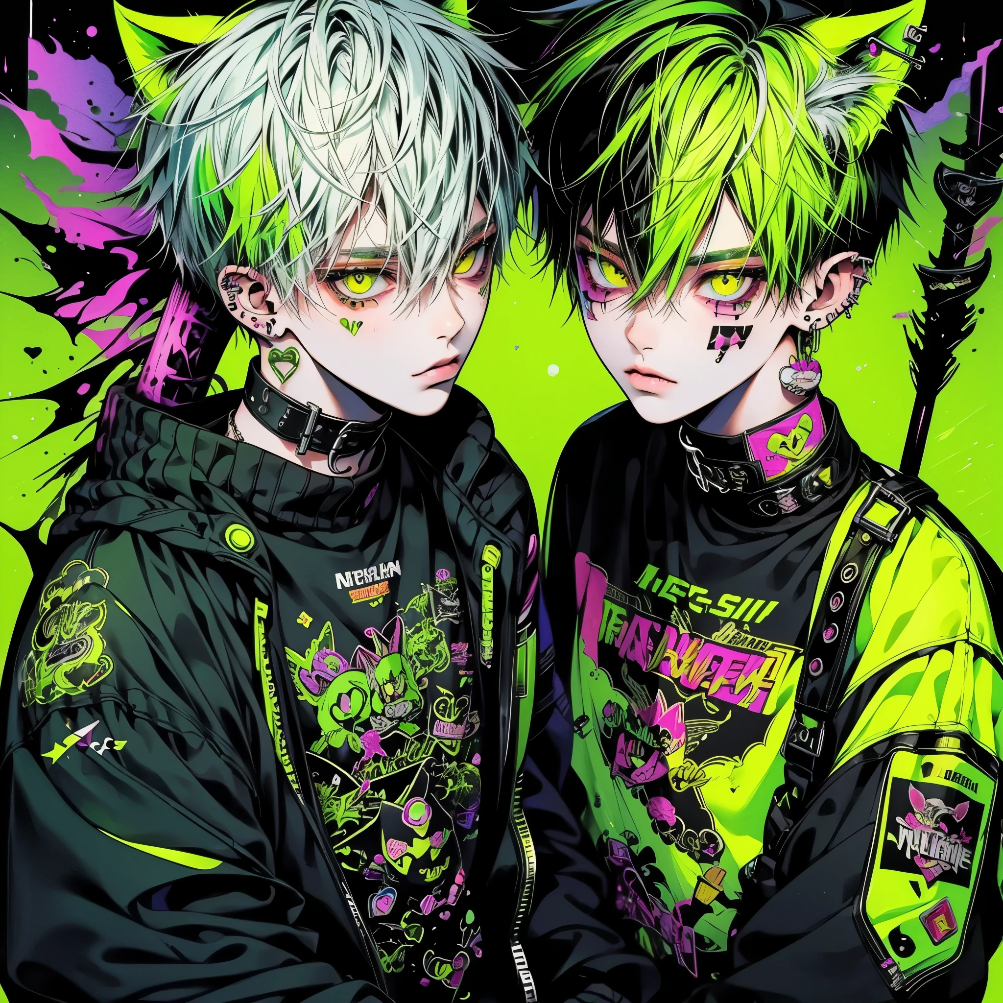 Punk rock emo man, Neko, wolf boy, neon green hair, tattoo sleeves and piercings, yellow eyes, slender, skinny, short,  Harajuku-inspired punk clothes, no twins, one person