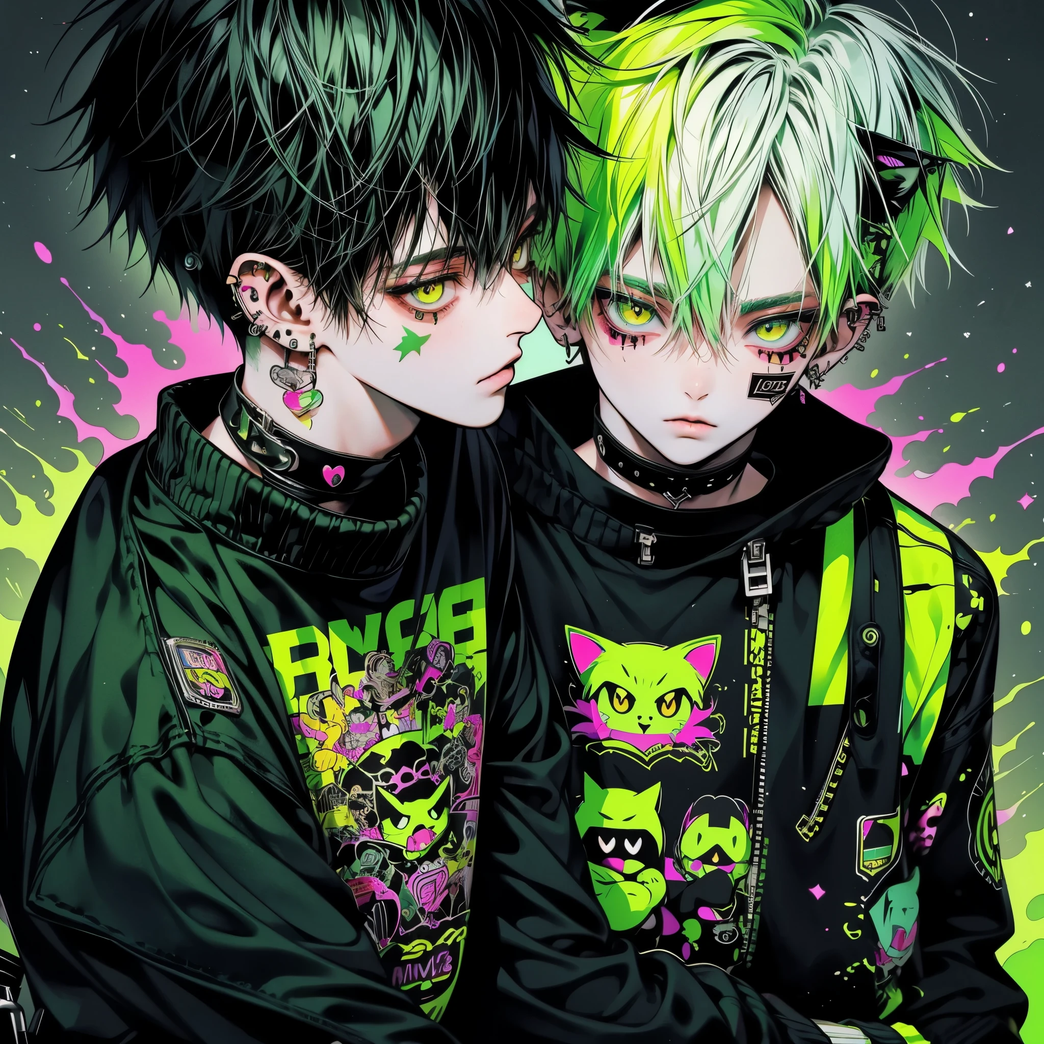 Punk rock emo man, Neko, wolf boy, neon green hair, tattoo sleeves and piercings, yellow eyes, slender, skinny, short,  Harajuku-inspired punk clothes, no twins, one person