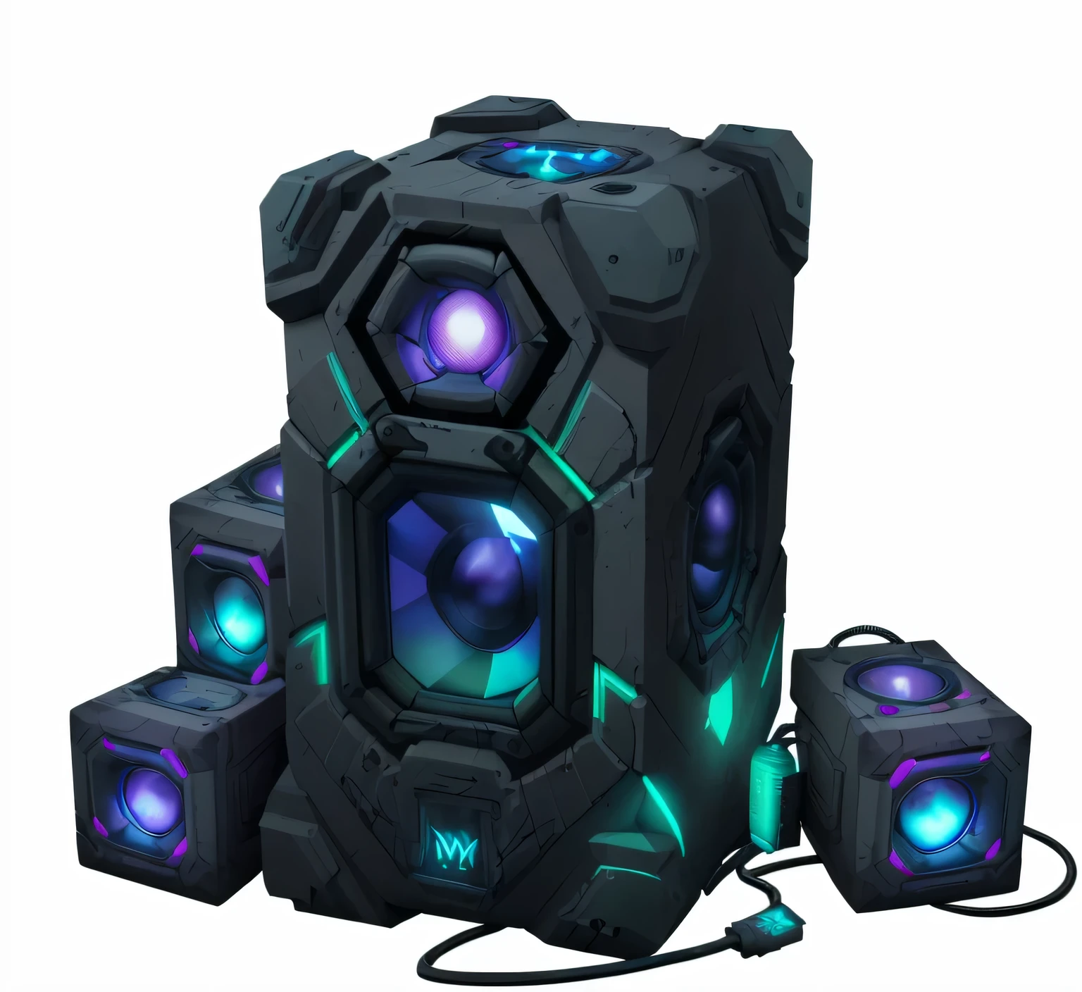 cyberpunk style,cube speaker,Large bumps on the surface,slightly glowing,Add more details,Larger,Higher quality full 8k