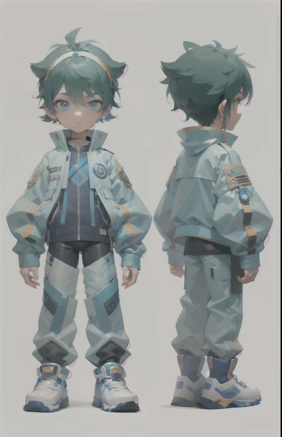 Close-up of two different poses of a boy in a blue jacket, clear clothing design, ( ( character concept art ) ), Concept art of single boy, full body character design, detailed whole body concept, detailed whole body concept art, Single character full body, whole body concept, official concept art, full body character, High quality character design, Moon themed clothing