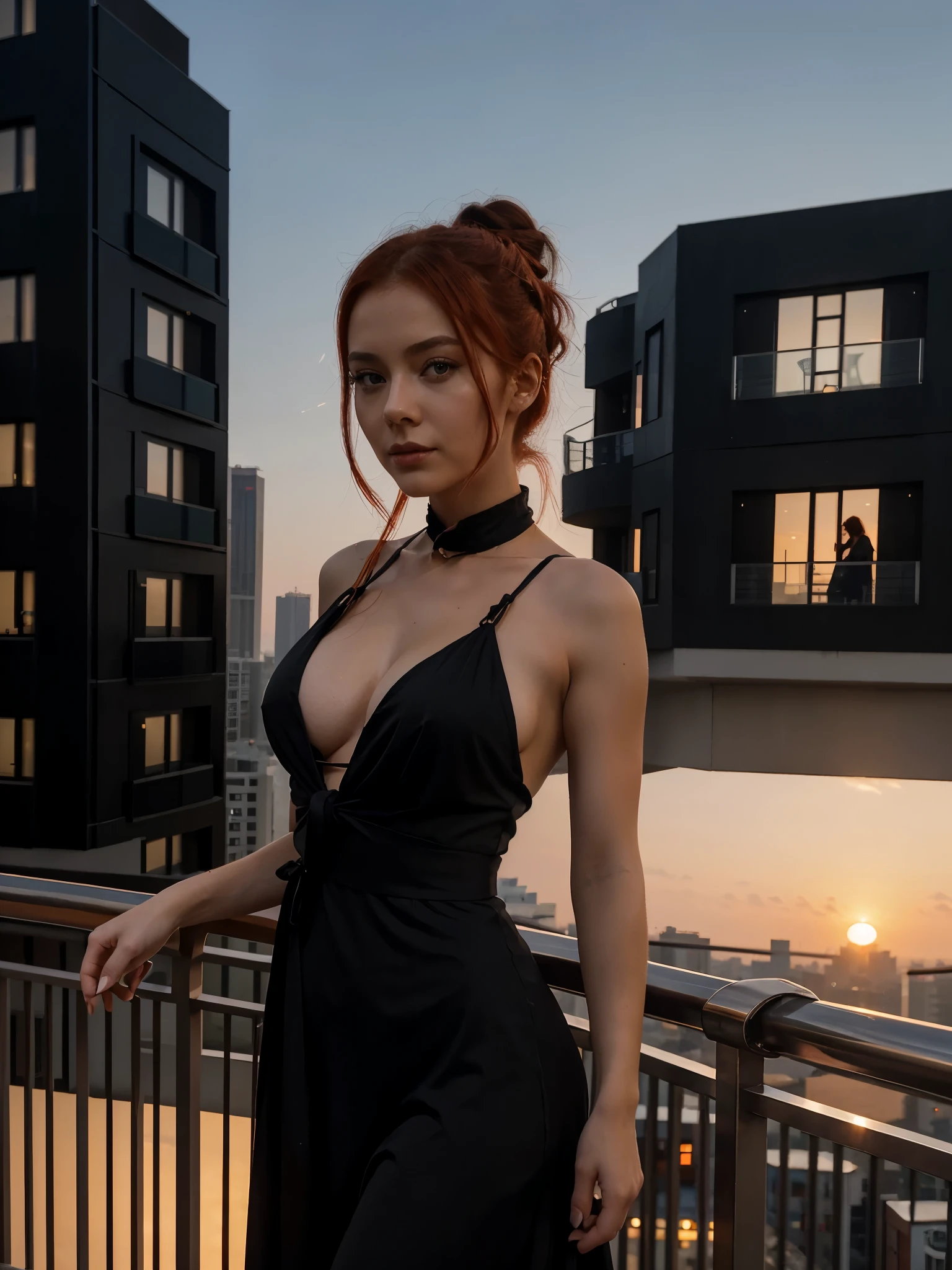 European woman 30 years old, her red hair is tied up in a bun, in a black long dress, chest cutout, stands on the balcony of a modern high-rise building, chinese city, Evening, sunset, смотрит на sunset, half turned to the viewer