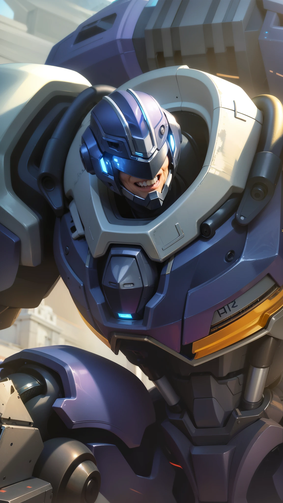 masculine male, masterpiece, best quality, (semirealism:1.9), beautiful lighting, (extremely detailed CG unity 4k fhd wallpaper), High Detail, Sharp focus, dramatic outdoors, a close up of a robot with a helmet on and a sword, smile.