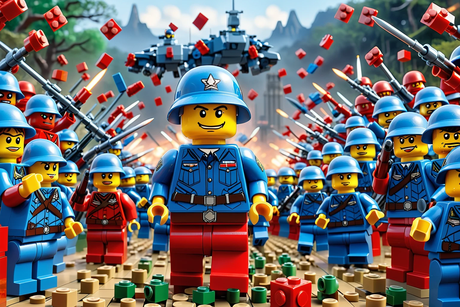 In the vivid and detailed world of LEGO,((The red Lego army and the blue Lego army have reached the final moment of battle:1.8)),A vast battlefield intricately built with Lego bricks,(Showing two completely different battles confronting each other:1.5)。At the forefront of both teams,(Two LEGO generals stood confronting each other:1.8),Their expressions are fierce,Keep your eyes open,His eyes exude authority and fighting spirit。Behind them,Rows of Lego soldiers,Each character is designed with unique combat equipment,assume an aggressive stance,Ready to follow orders and charge。The circumstances around them were evidence of the impending,The temporary fortifications and the air are filled with tension.。((Another branch also reflects this state of readiness)),The stage is set for an epic LEGO showdown,((from side:1.8)), sideways