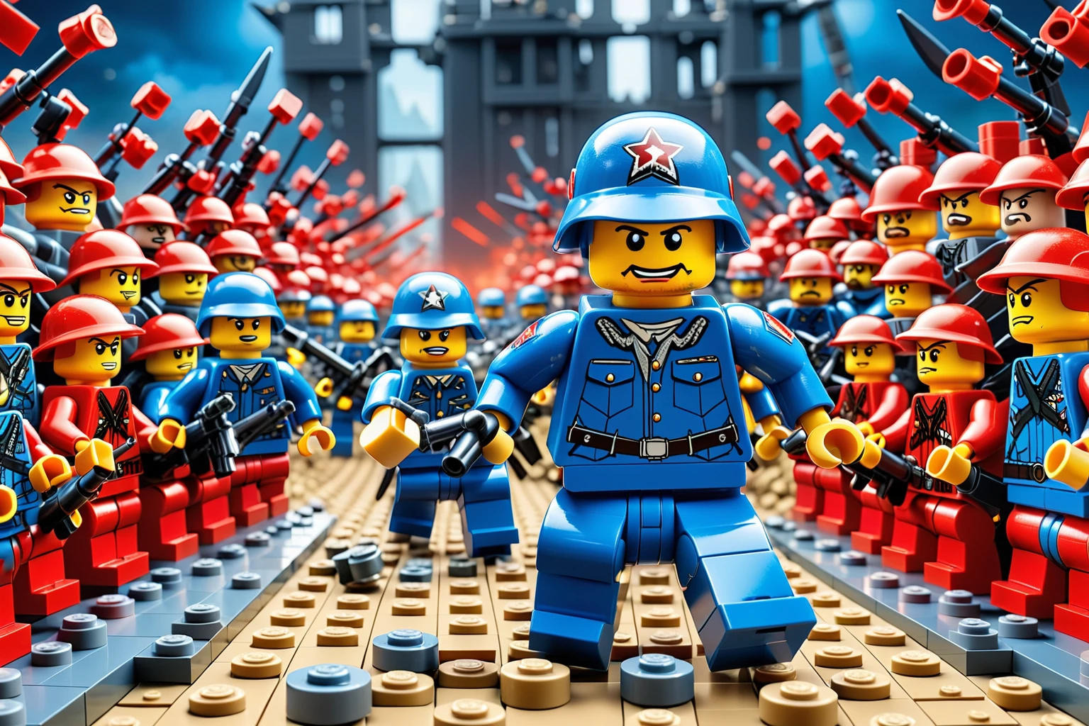 In the vivid and detailed world of LEGO，((The red Lego army and the blue Lego army have reached the final moment of battle:1.8))，A vast battlefield intricately built with Lego bricks，(Showing two completely different battles confronting each other:1.5)。At the forefront of both teams，(Two LEGO generals stood confronting each other:1.8)，Their expressions are fierce，Keep your eyes open，His eyes exude authority and fighting spirit。Behind them，Rows of Lego soldiers，Each character is designed with unique combat equipment，assume an aggressive stance，Ready to follow orders and charge。The circumstances around them were evidence of the impending，The temporary fortifications and the air are filled with tension.。((Another branch also reflects this state of readiness))，The stage is set for an epic LEGO showdown，((from side:1.8)), sideways