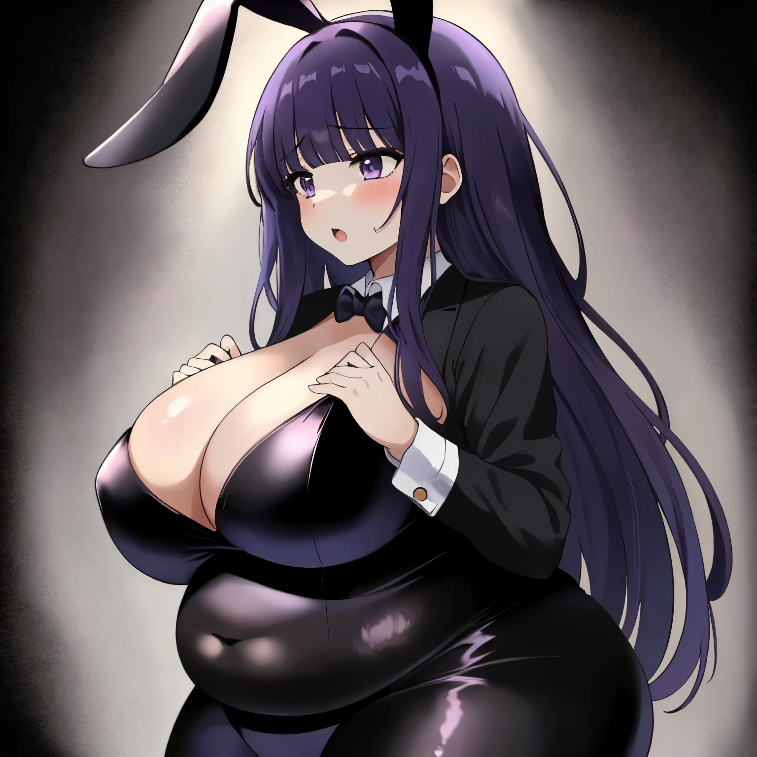 masterpiece, best quality, 1 girl, confident, black bunny suit, plump, dark purple hair, dark purple eyes, blunt bangs, long hair, sharp details, tall, mature woman, gurgling_noise