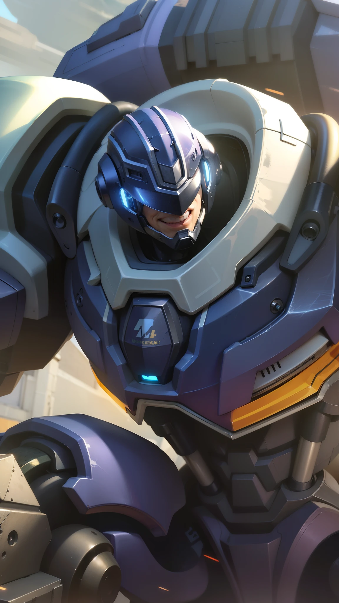 masculine male, masterpiece, best quality, (semirealism:1.9), beautiful lighting, (extremely detailed CG unity 4k fhd wallpaper), High Detail, Sharp focus, dramatic outdoors, a close up of a robot with a helmet on and a sword, smile.