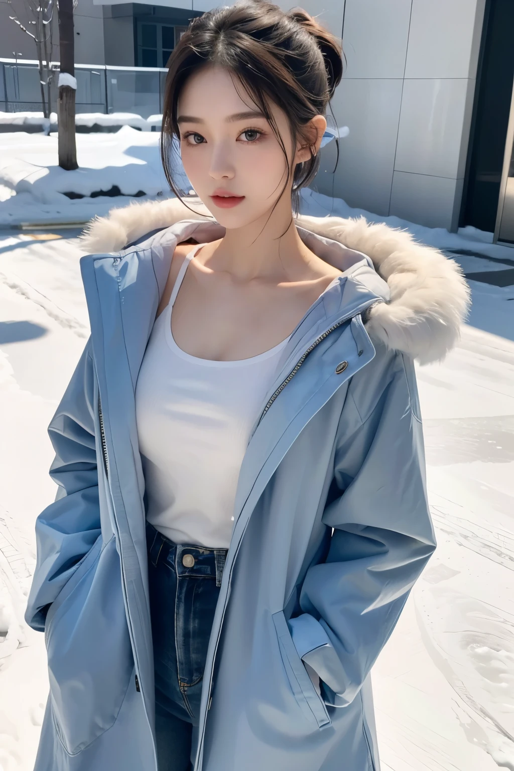 (hyperrealistic), (illustration), (high resolution), (8K), (extremely detailed), (best illustration), (beautiful detailed eyes), (best quality), (ultra-detailed), (masterpiece), (wallpaper), (photorealistic:1.4), (natural light), (rim lighting), (detailed face), high detailed realistic asian skin texture, anatomically correct, solo, 1 girl, (high detailed realistic long wavy white hair:1.35), (ponytail contorted:1.4), heterochromic eyes, (detailed blue eyes), small moles under the eyes, (realistic big breasts:1.5), long legs, tight abs, dynamic pose, (fluffy winter jacket:1.2), (upon body from head to thighs:1.4), (Beautiful Cute Pakistani Woman:1.55), outdoor, snow, winter,