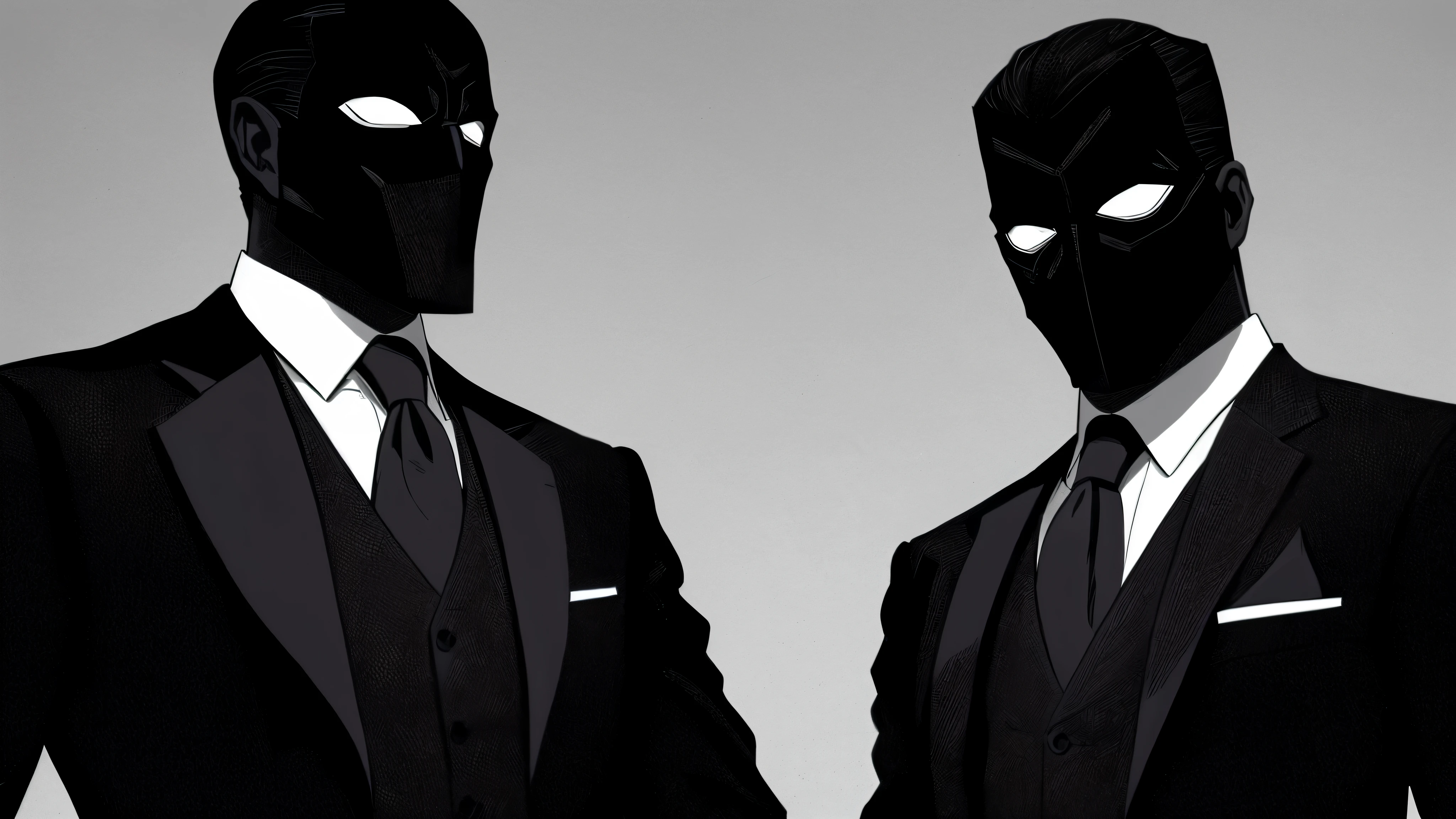 Painting of a man in suit and tie with a black mask, Personagem sombrio e sinistro, terno escuro, desenhado em um estilo neo - noir, homem magro, pessoa sem rosto escura, Homem de preto, magro, anthropomorphic silhouette, Scary black figure standing, por Chip Zdarsky, solo
