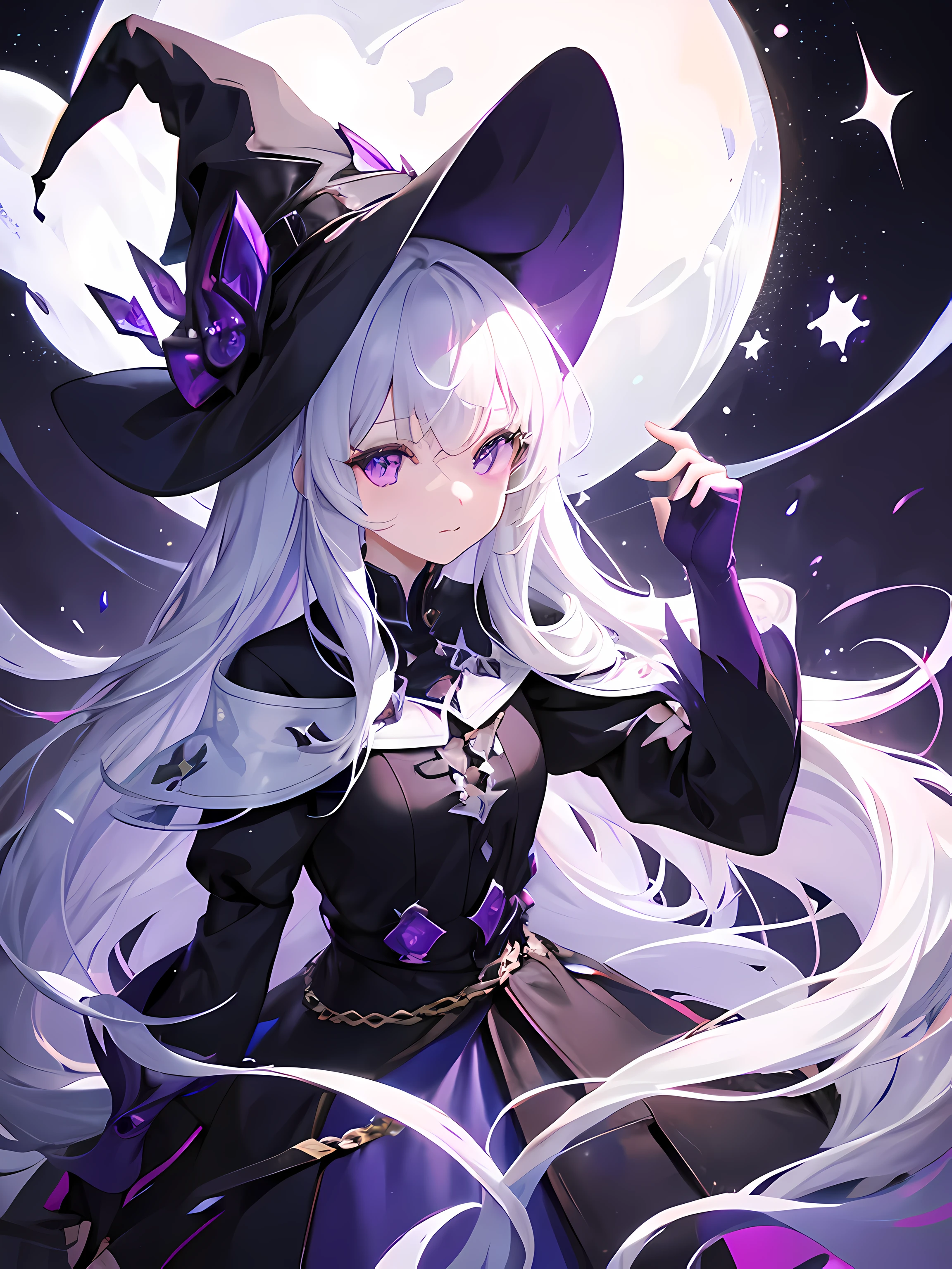1girl, long white hair, purple eyes, witch, light particles, snow, black witch outfit, ultrasharp, 
